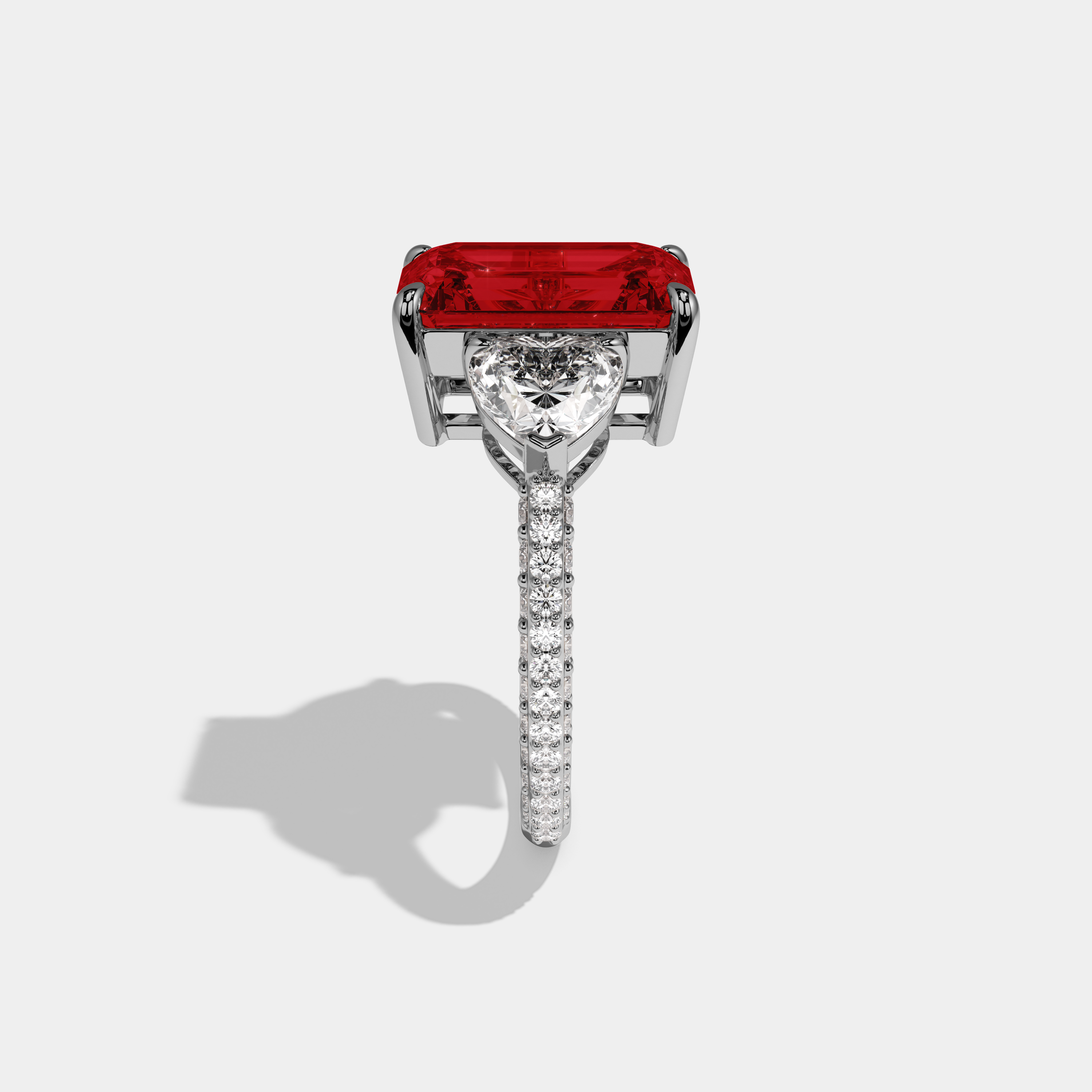 Georgiana Fancy Red Emerald Cut Diamond Band With Heart Cut Sides Engagement Ring 8ct 18K White Gold