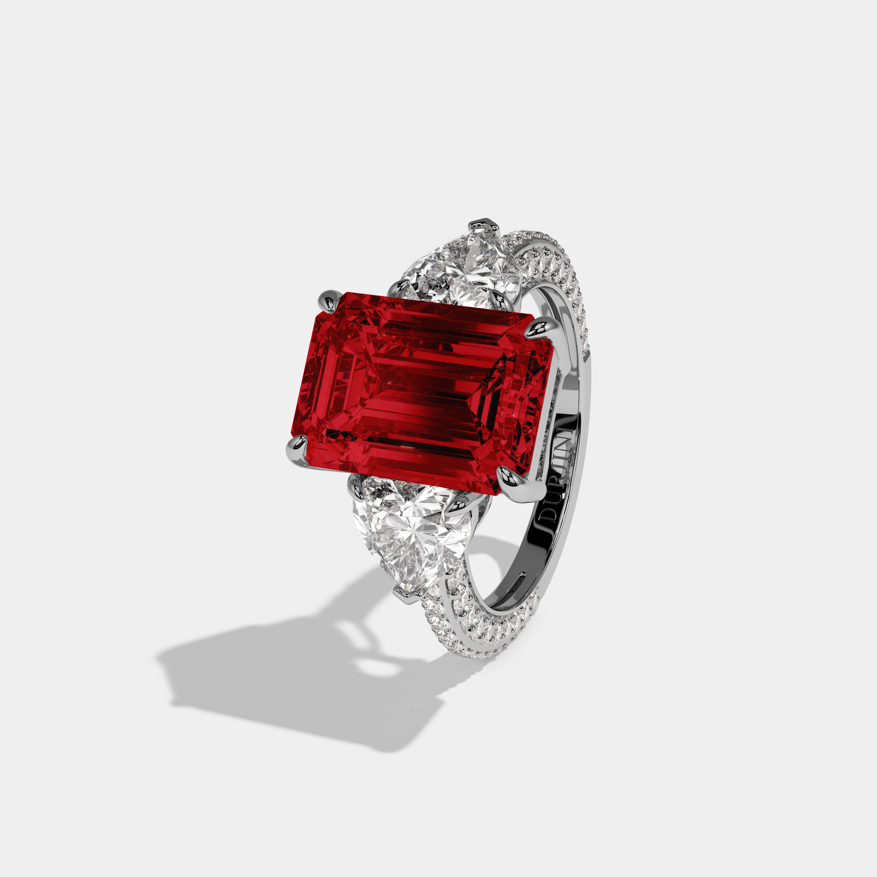 Georgiana Fancy Red Emerald Cut Diamond Band With Heart Cut Sides Engagement Ring 8ct 18K White Gold