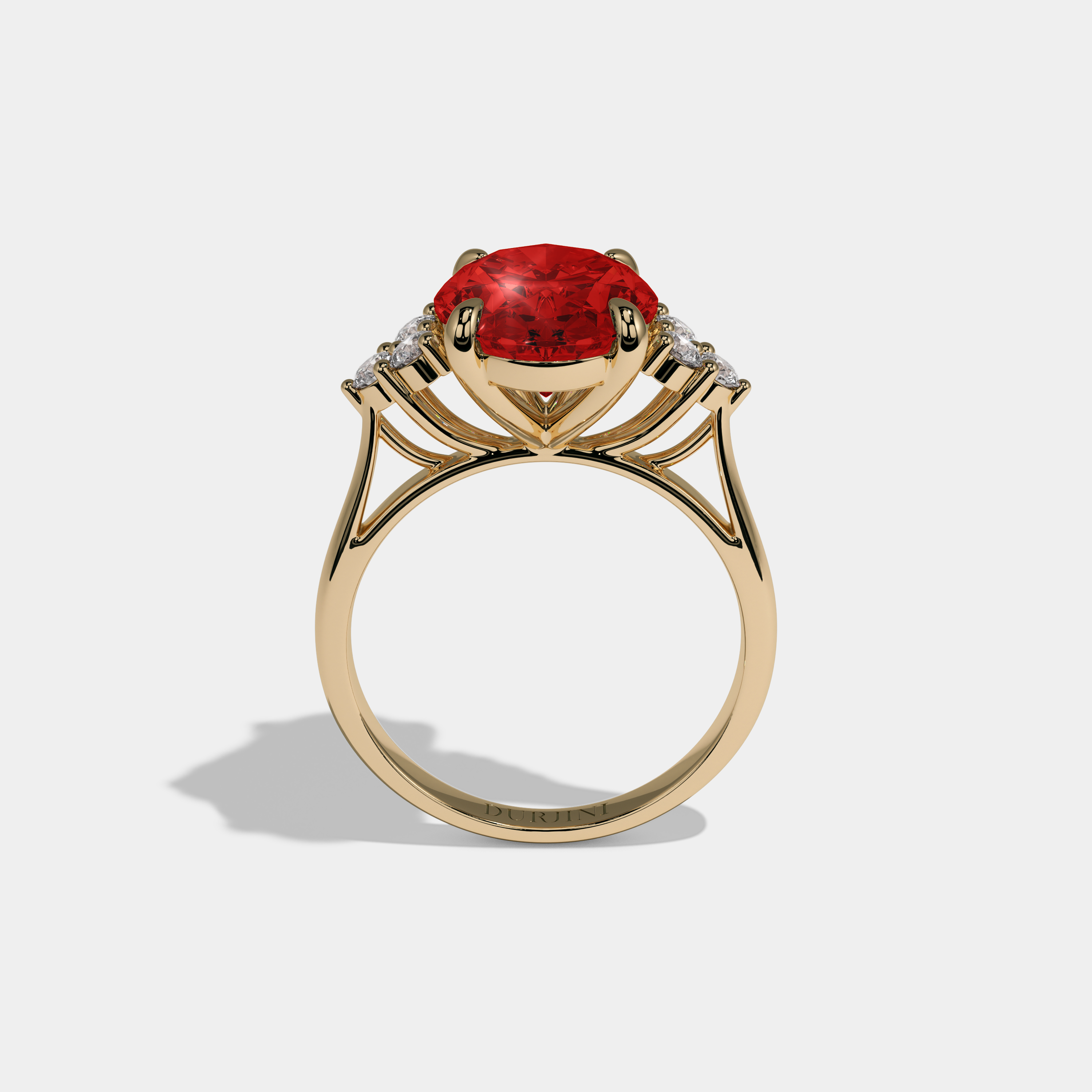Henrietta Fancy Red Oval Cut Diamond Plain Band Engagement Ring With Round Sides 6ct 18K Yellow Gold
