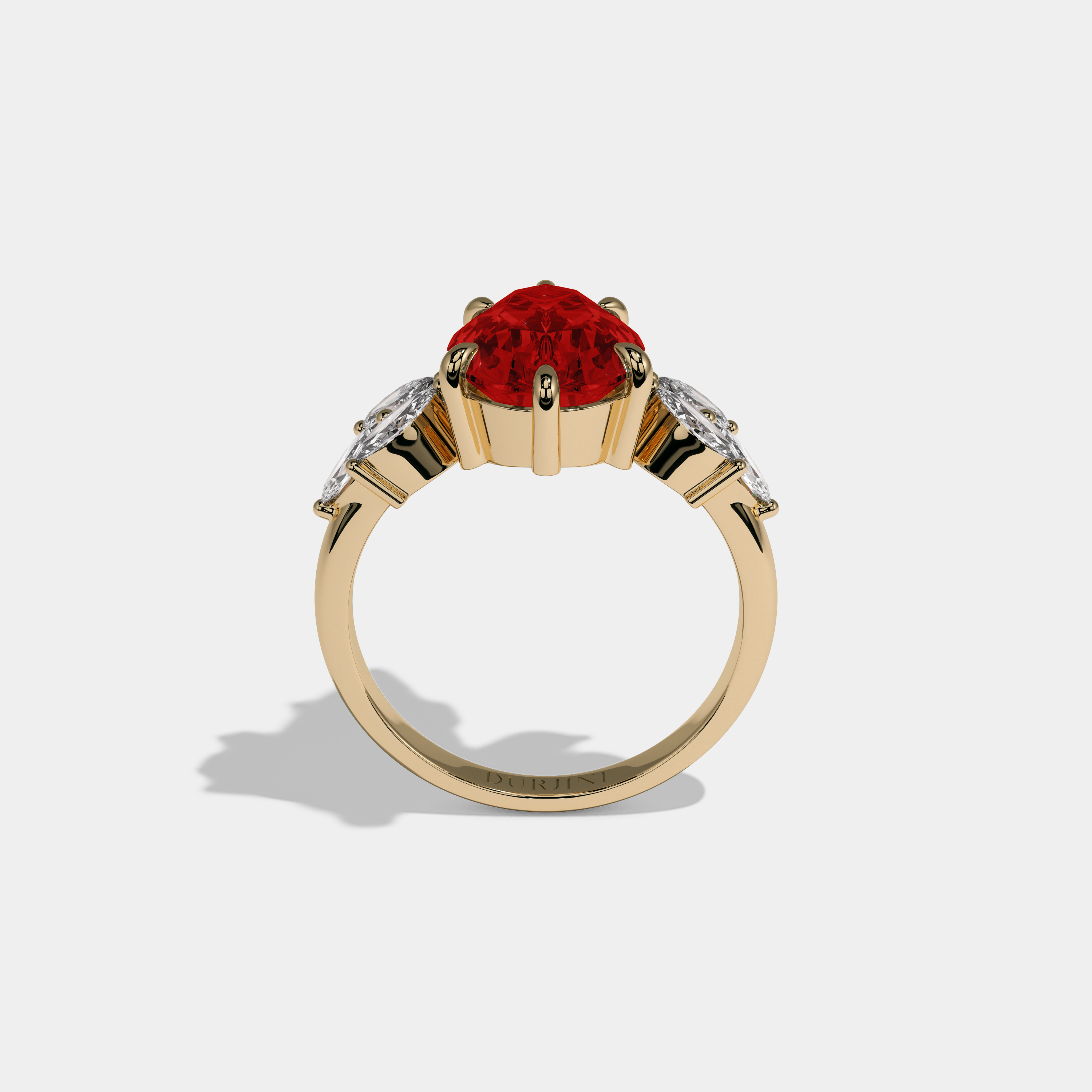Eleanor Fancy Red Pear Cut Diamond Plain Band With Marquise Cut Sides Engagement Ring 7ct 18K Yellow Gold