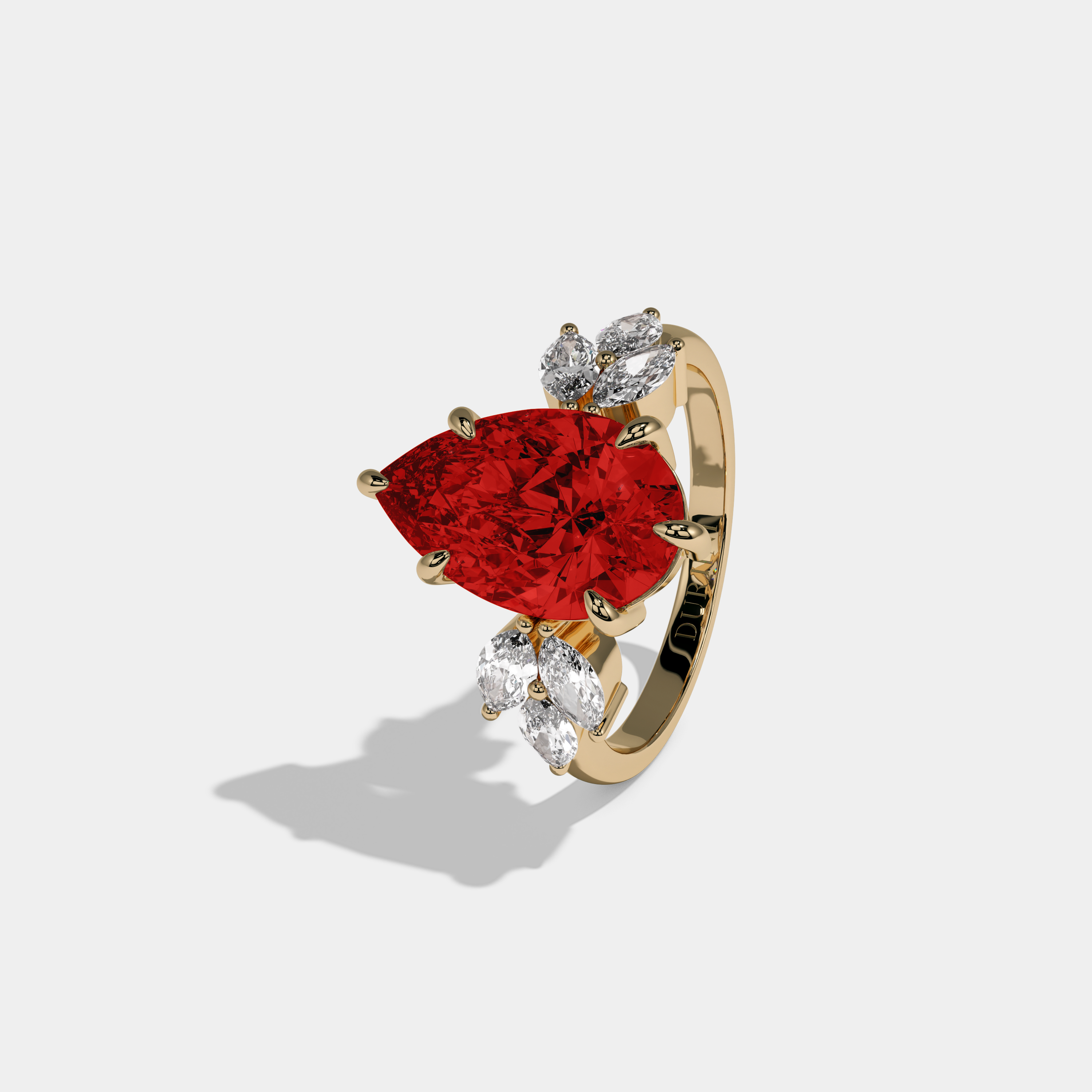Eleanor Fancy Red Pear Cut Diamond Plain Band With Marquise Cut Sides Engagement Ring 7ct 18K Yellow Gold