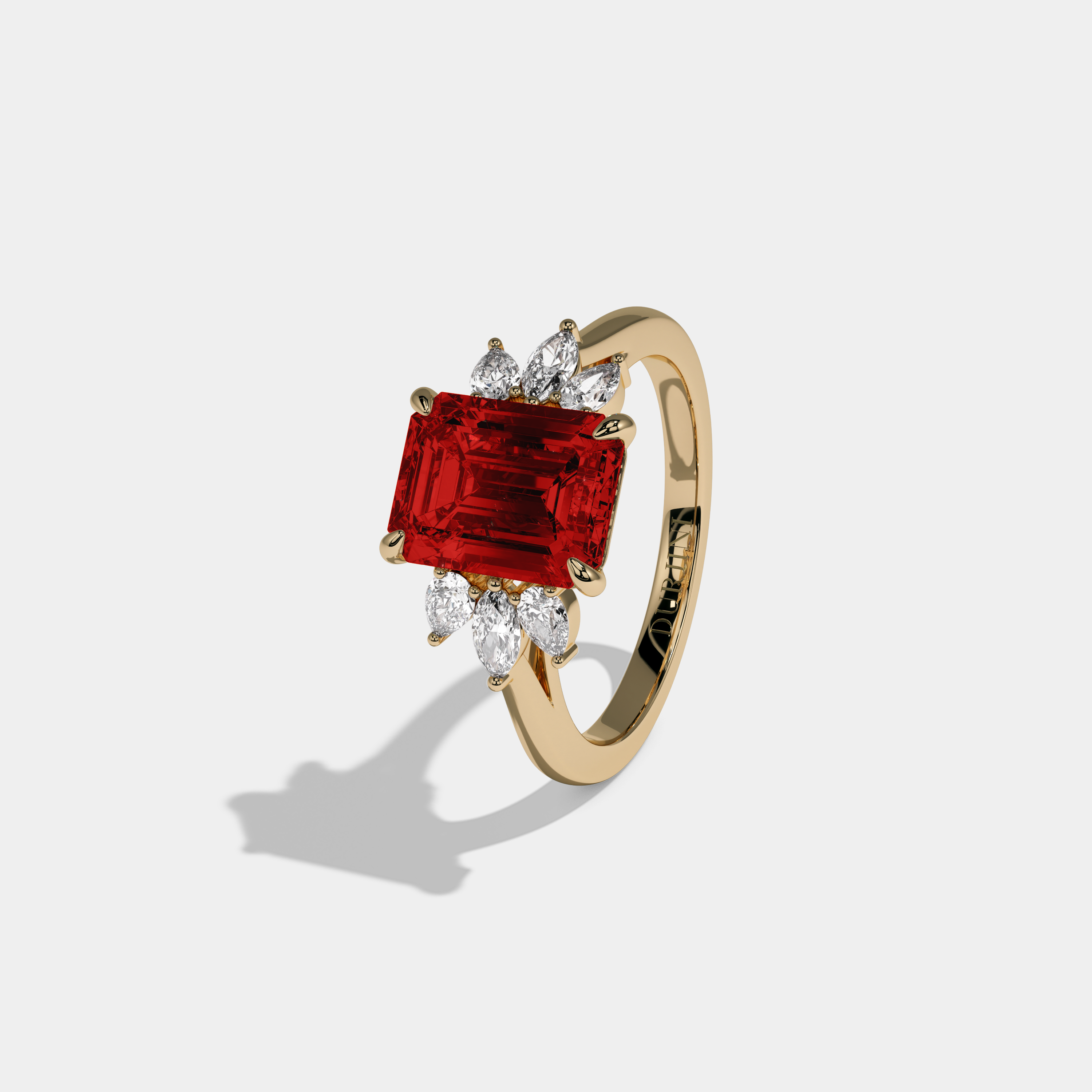 Elizabeth Fancy Red Emerald Cut Diamond Plain Band With Marquise Cut Sides Engagement Ring 6ct 18K Yellow Gold