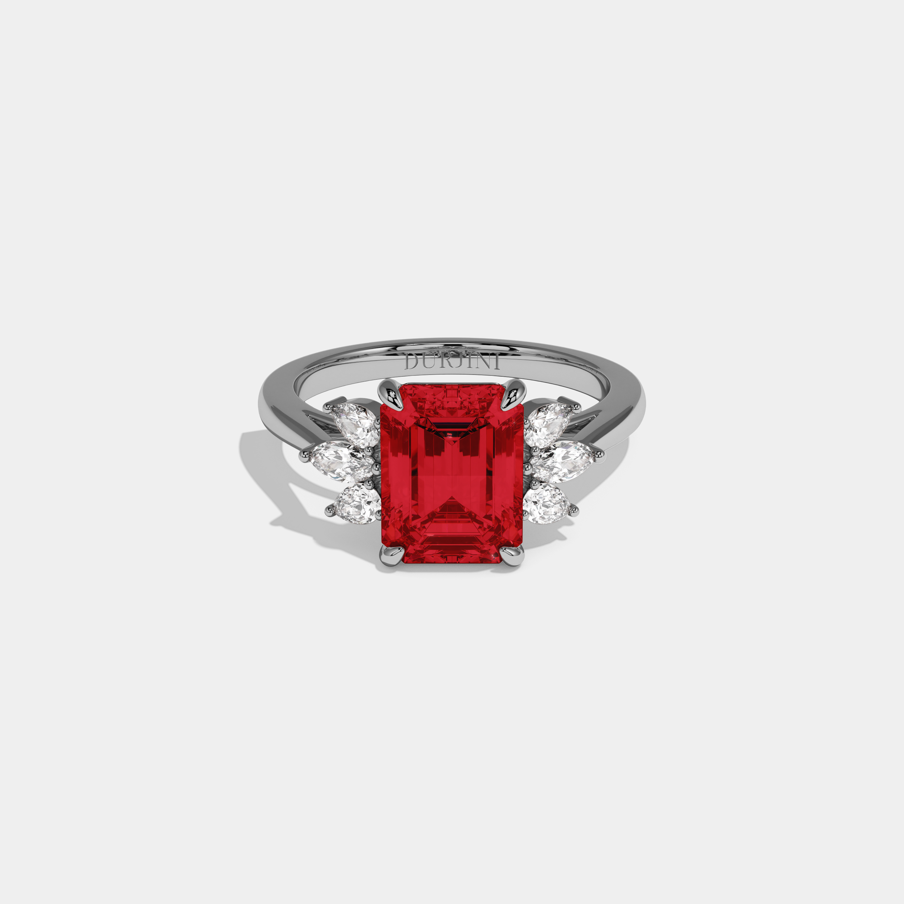 Adelaide Fancy Red Emerald Cut Diamond Plain Band With Marquise Cut Sides Engagement Ring 6ct 18K White Gold