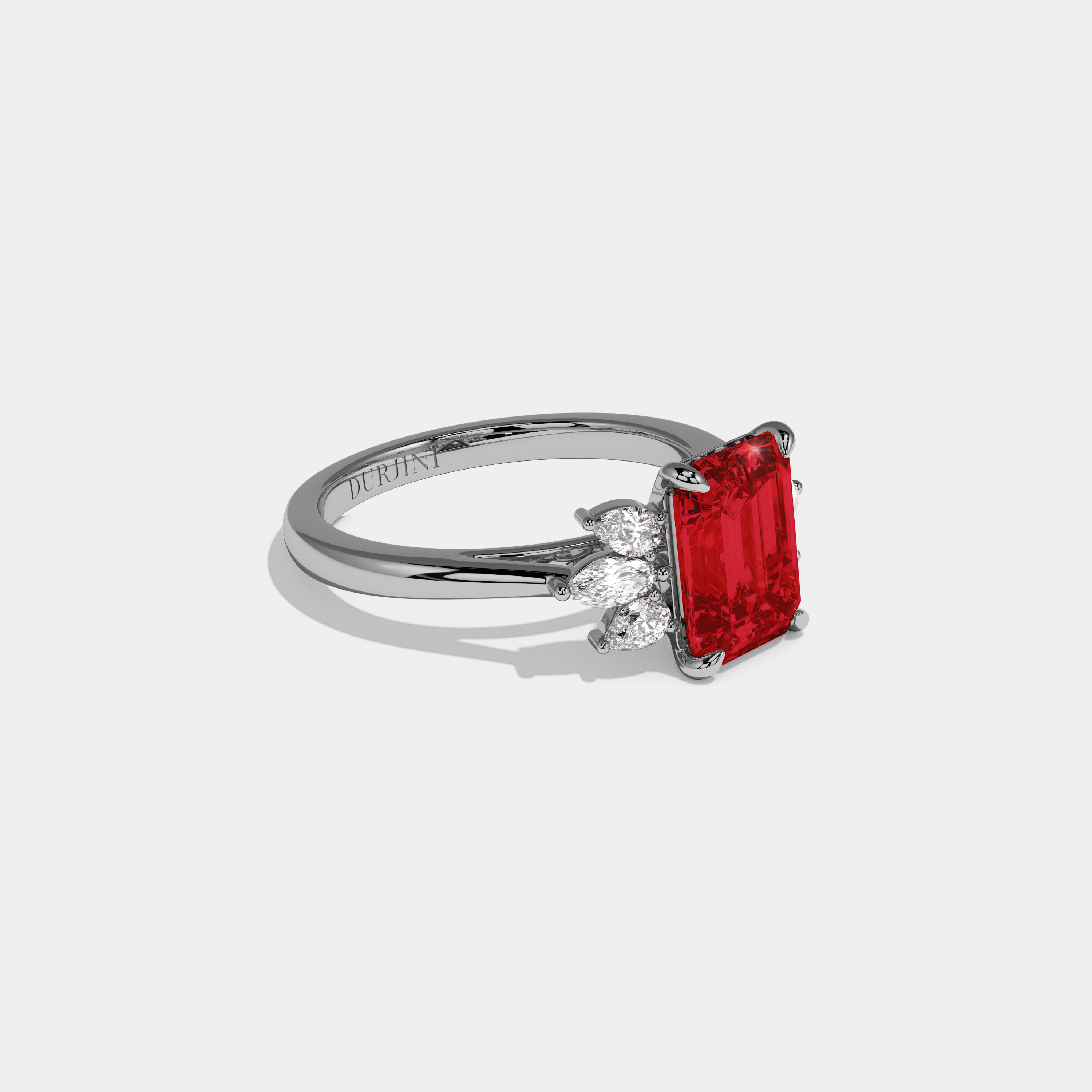 Adelaide Fancy Red Emerald Cut Diamond Plain Band With Marquise Cut Sides Engagement Ring 6ct 18K White Gold