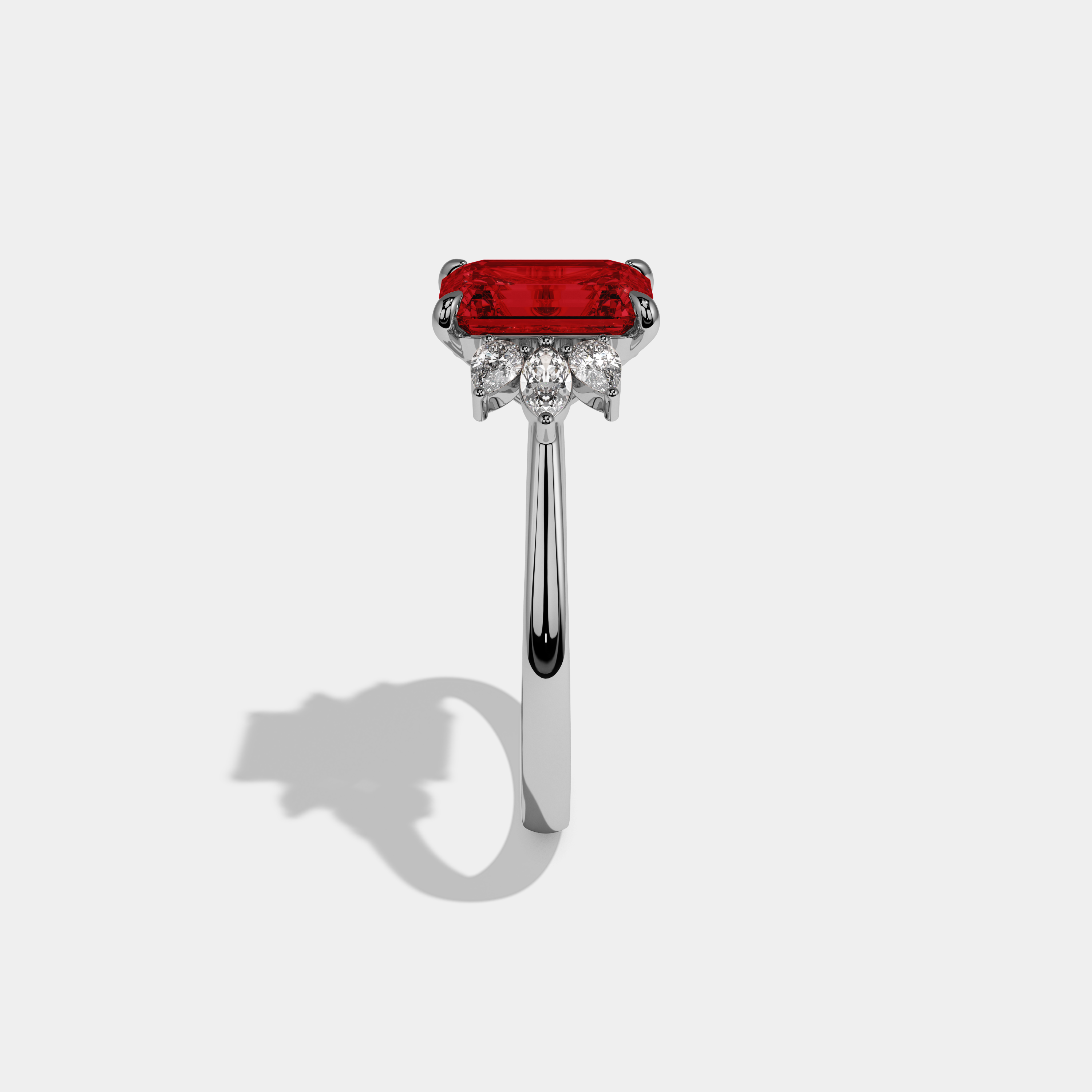 Adelaide Fancy Red Emerald Cut Diamond Plain Band With Marquise Cut Sides Engagement Ring 6ct 18K White Gold