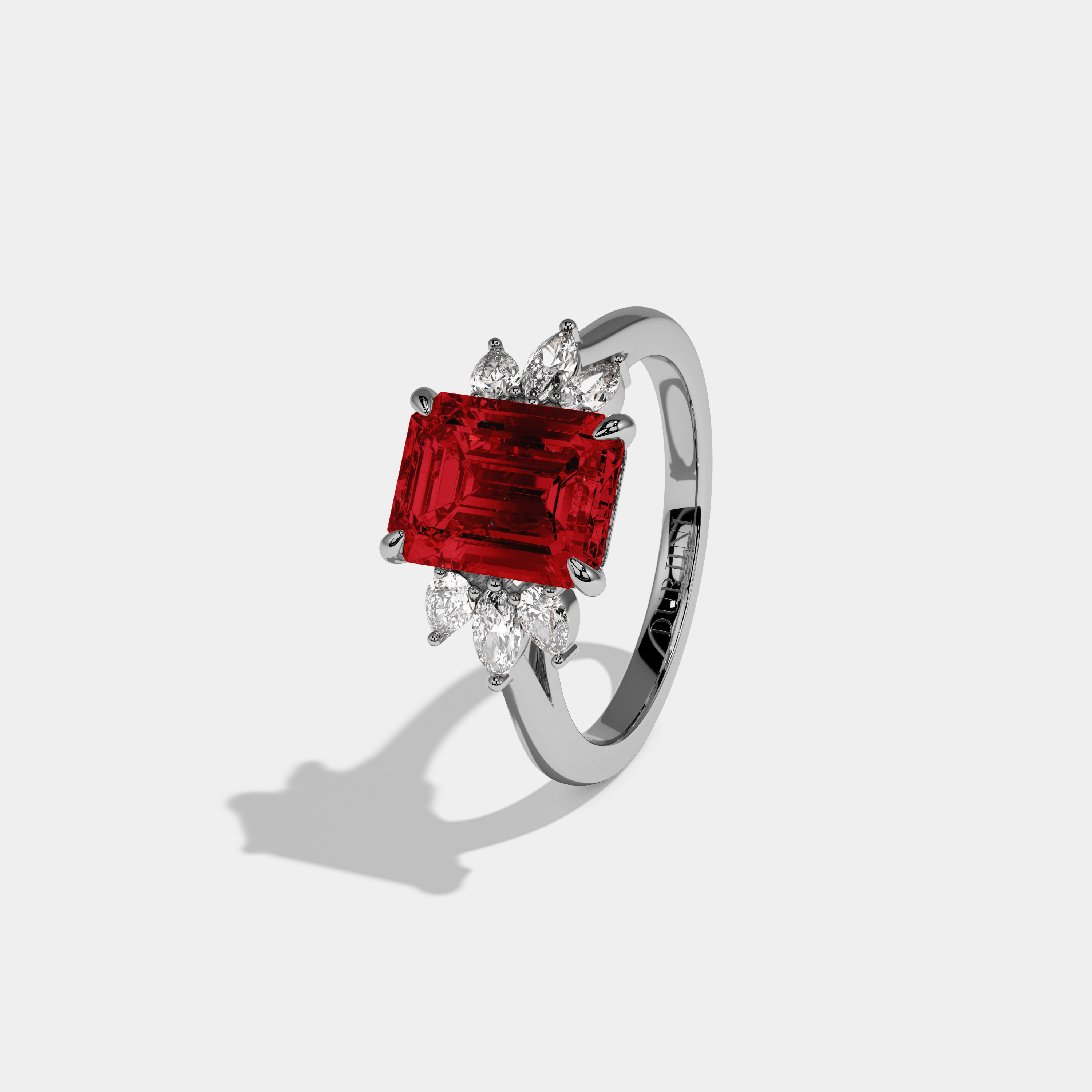 Adelaide Fancy Red Emerald Cut Diamond Plain Band With Marquise Cut Sides Engagement Ring 6ct 18K White Gold