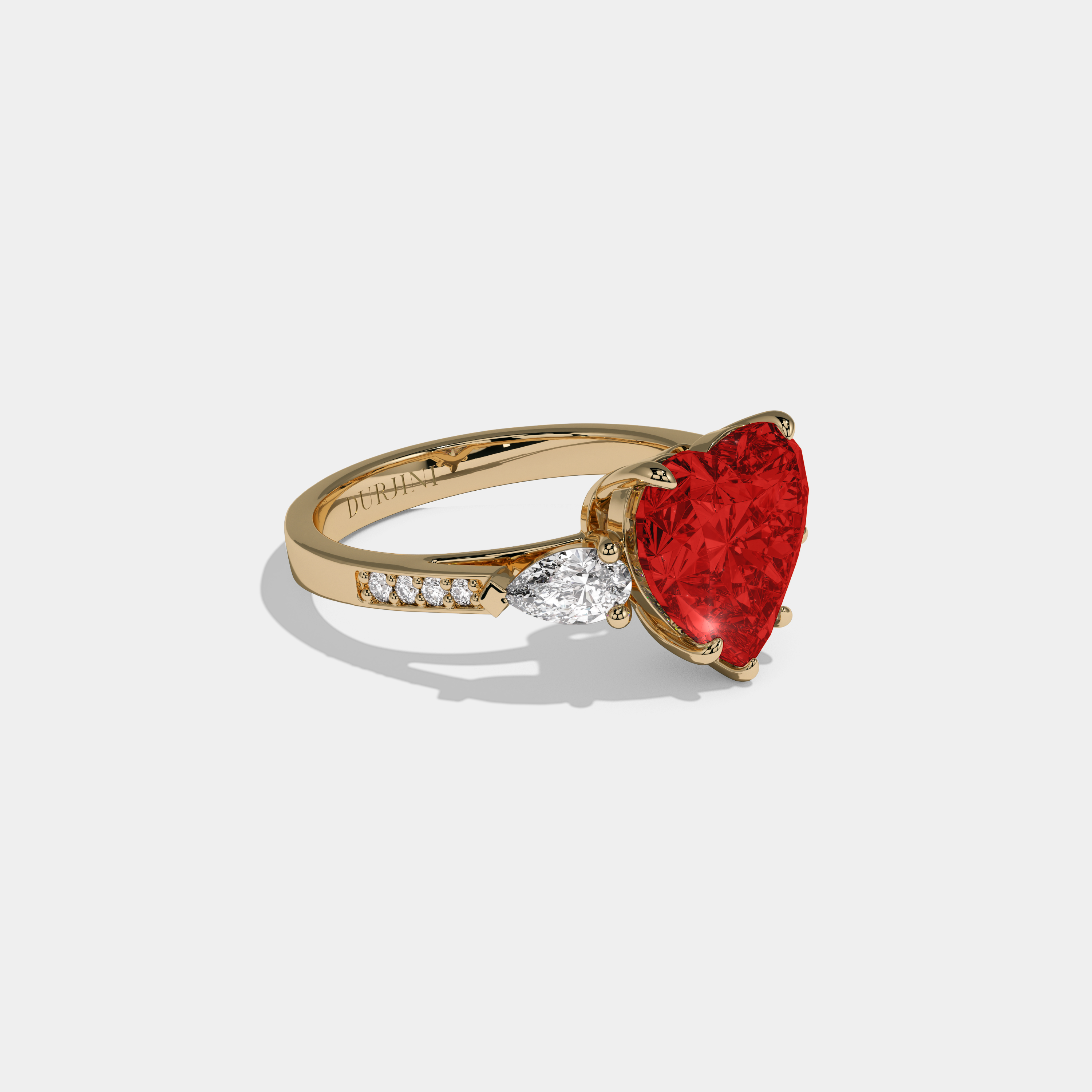 Eleanor Fancy Red Heart Brilliant Cut Diamond Band With Pear Sides Engagement Ring 7ct 18K Yellow Gol