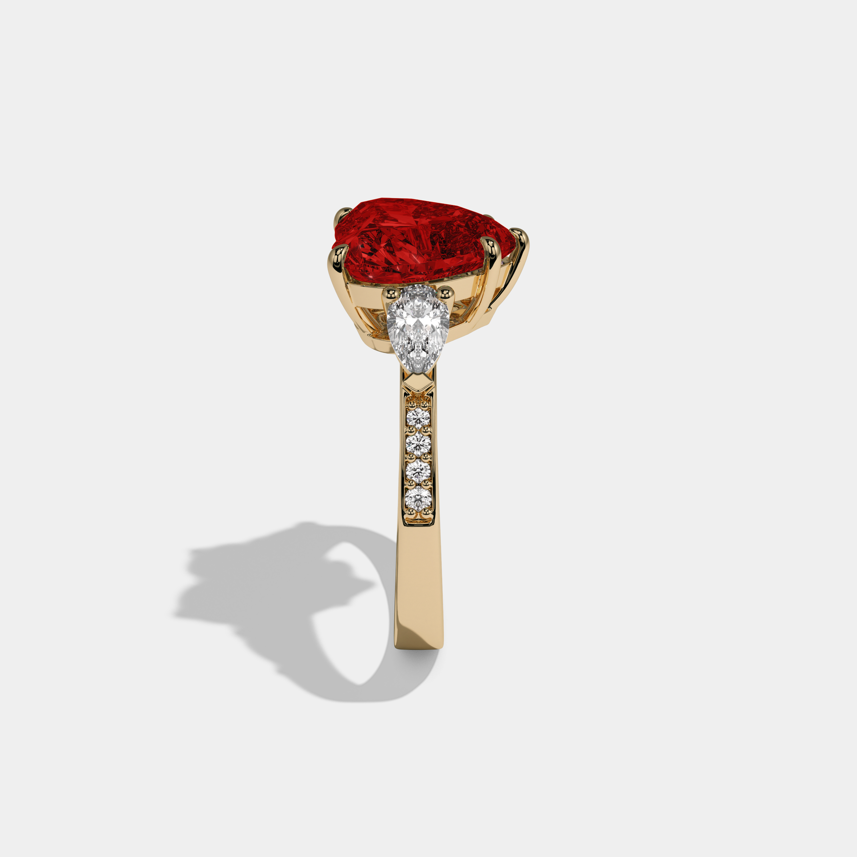 Eleanor Fancy Red Heart Brilliant Cut Diamond Band With Pear Sides Engagement Ring 7ct 18K Yellow Gol