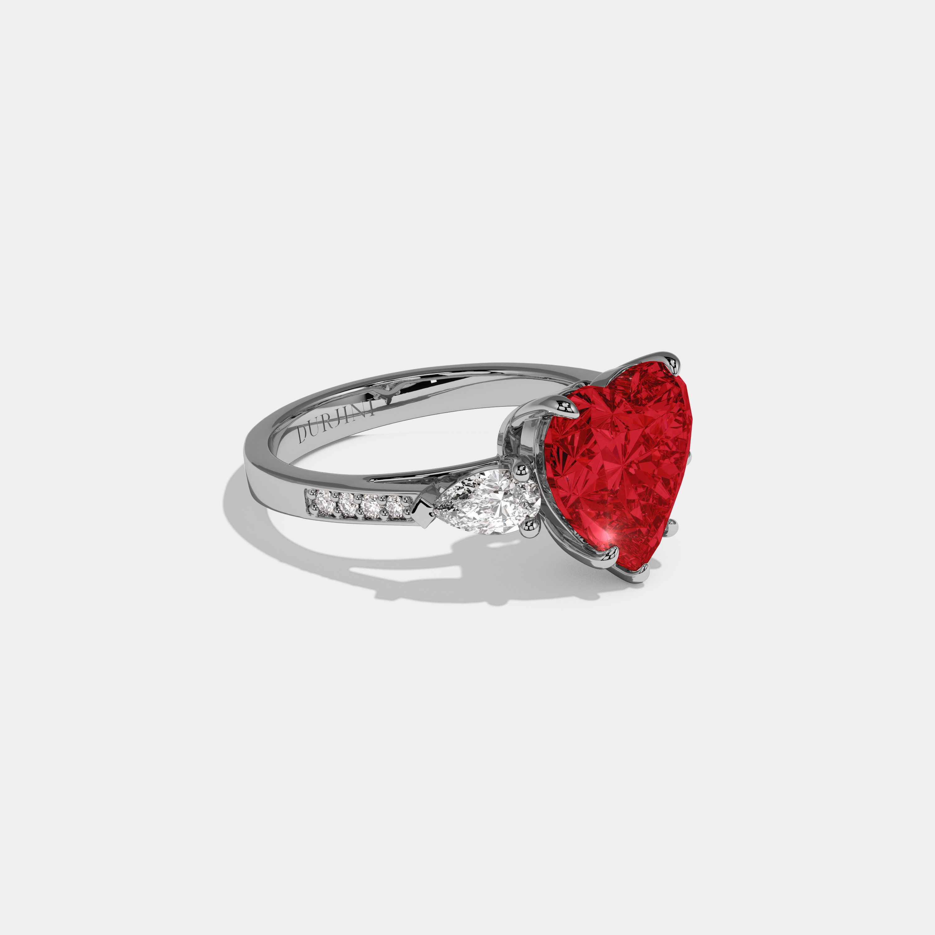 Anne Fancy Red Heart Brilliant Cut Diamond Band With Pear Sides Engagement Ring 7ct 18K White Gold