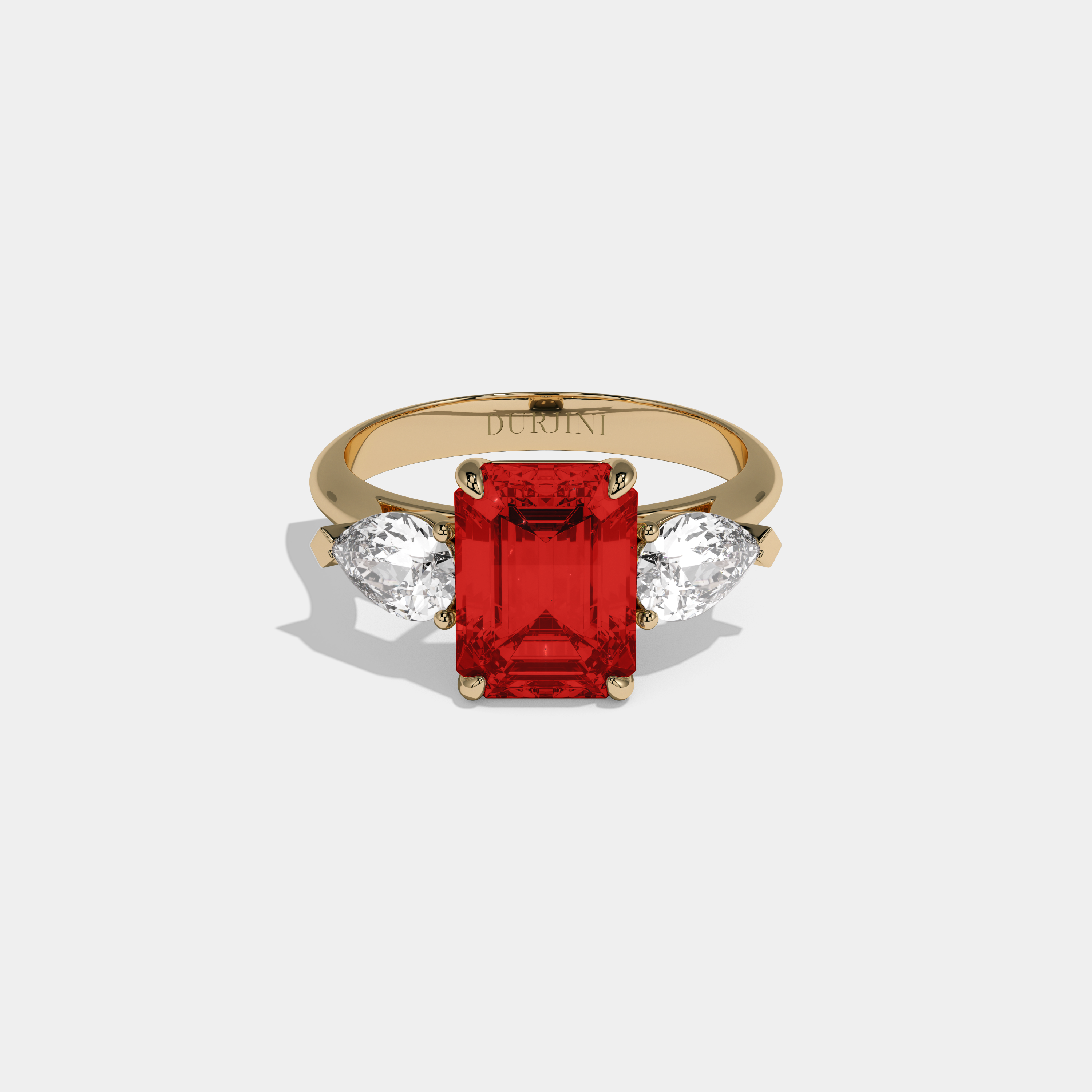 Theodora Fancy Red Emerald Cut Diamond Plain Band With Pear Cut Sides Engagement Ring 6ct 18K Yellow Gold