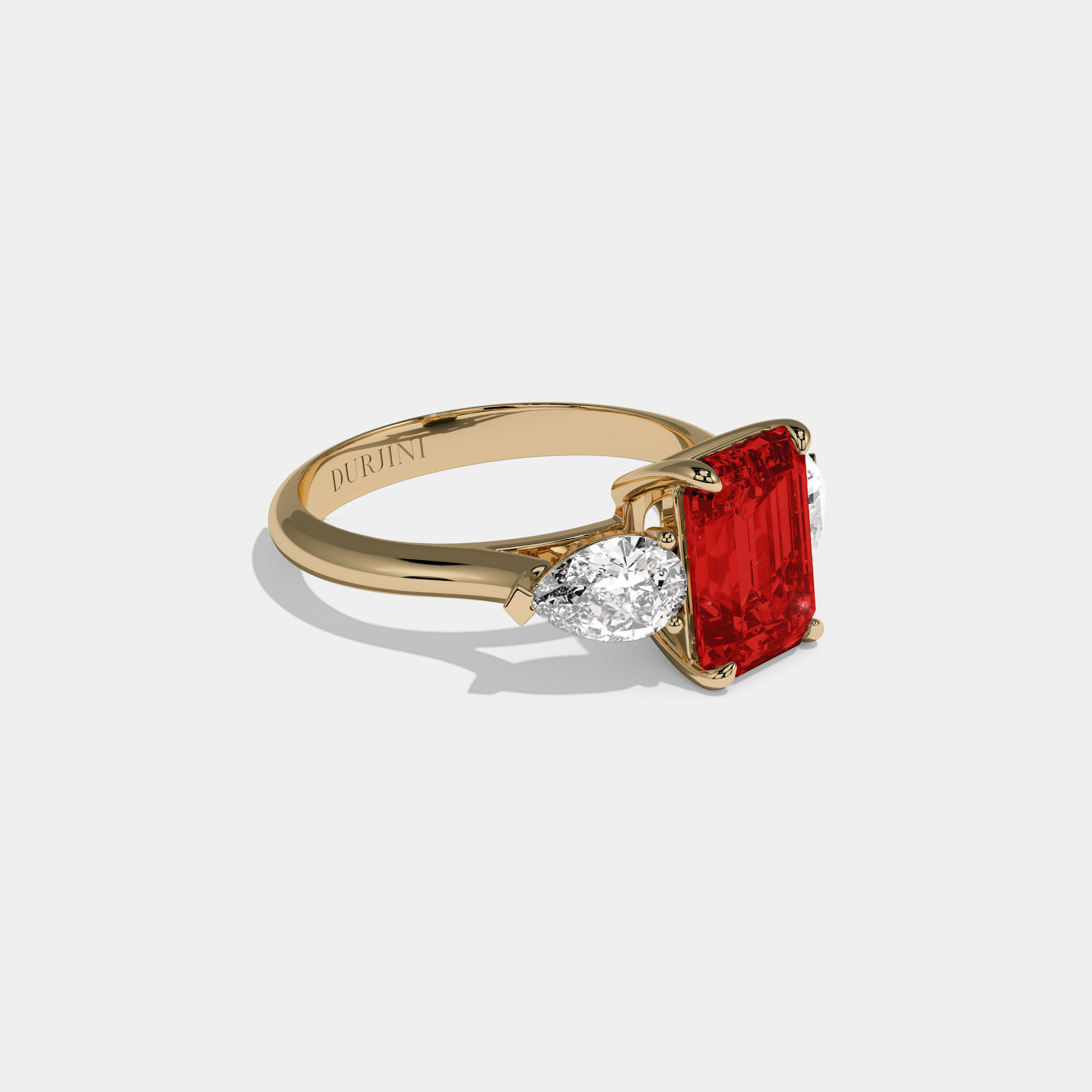 Theodora Fancy Red Emerald Cut Diamond Plain Band With Pear Cut Sides Engagement Ring 6ct 18K Yellow Gold