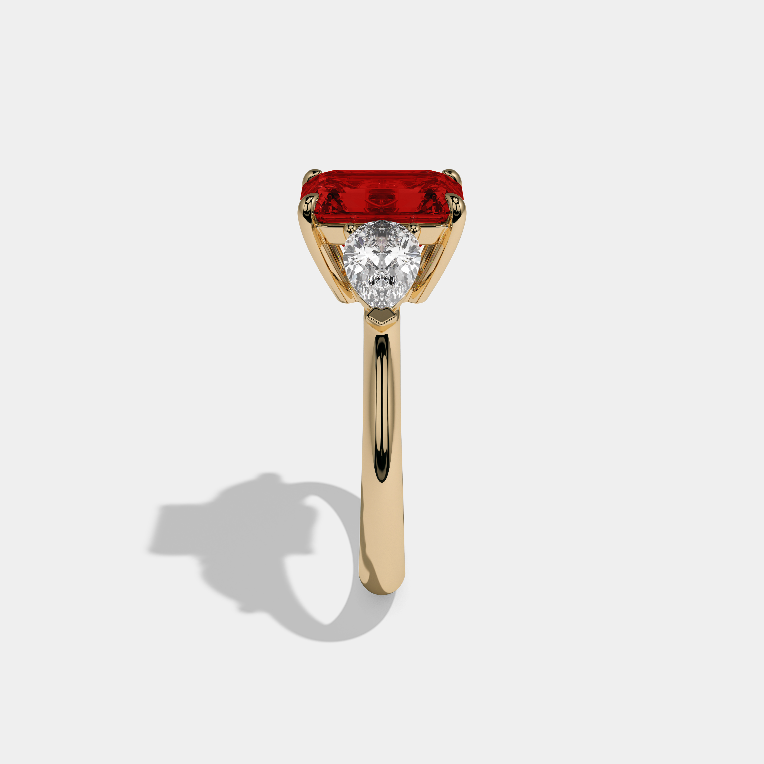 Theodora Fancy Red Emerald Cut Diamond Plain Band With Pear Cut Sides Engagement Ring 6ct 18K Yellow Gold