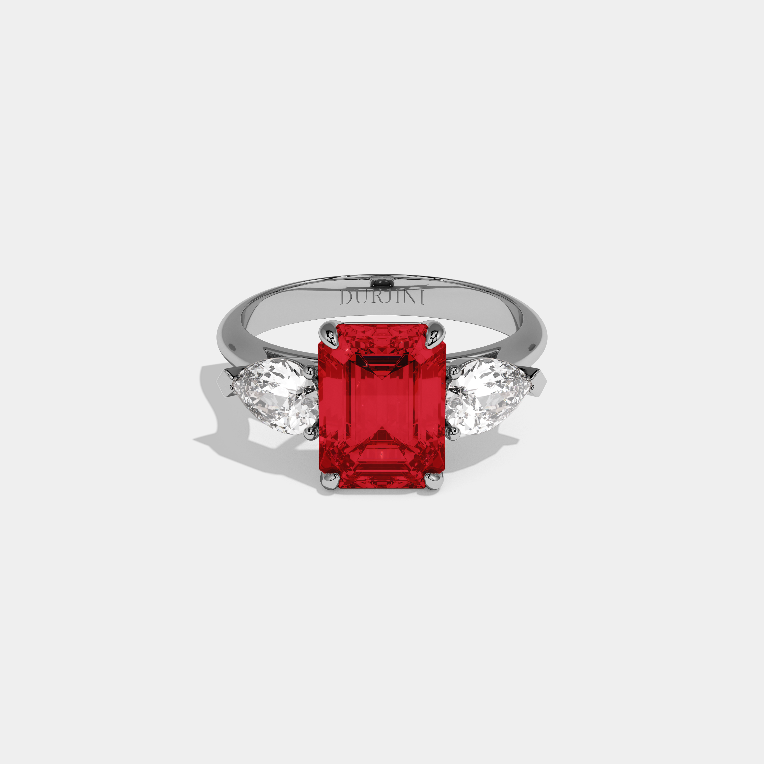 Georgiana Fancy Red Emerald Cut Diamond Plain Band With Pear Cut Sides Engagement Ring 6ct 18K White Gold