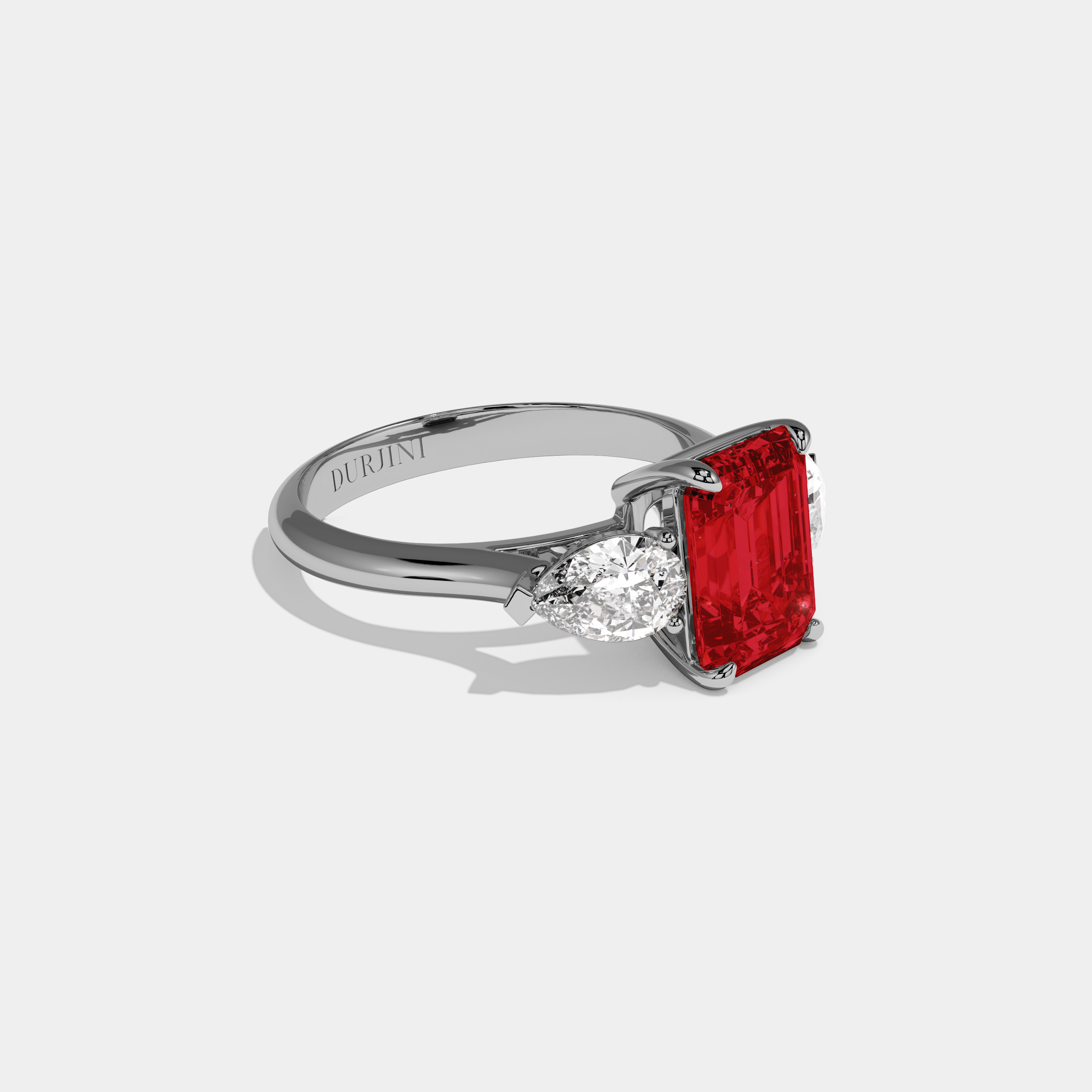 Georgiana Fancy Red Emerald Cut Diamond Plain Band With Pear Cut Sides Engagement Ring 6ct 18K White Gold