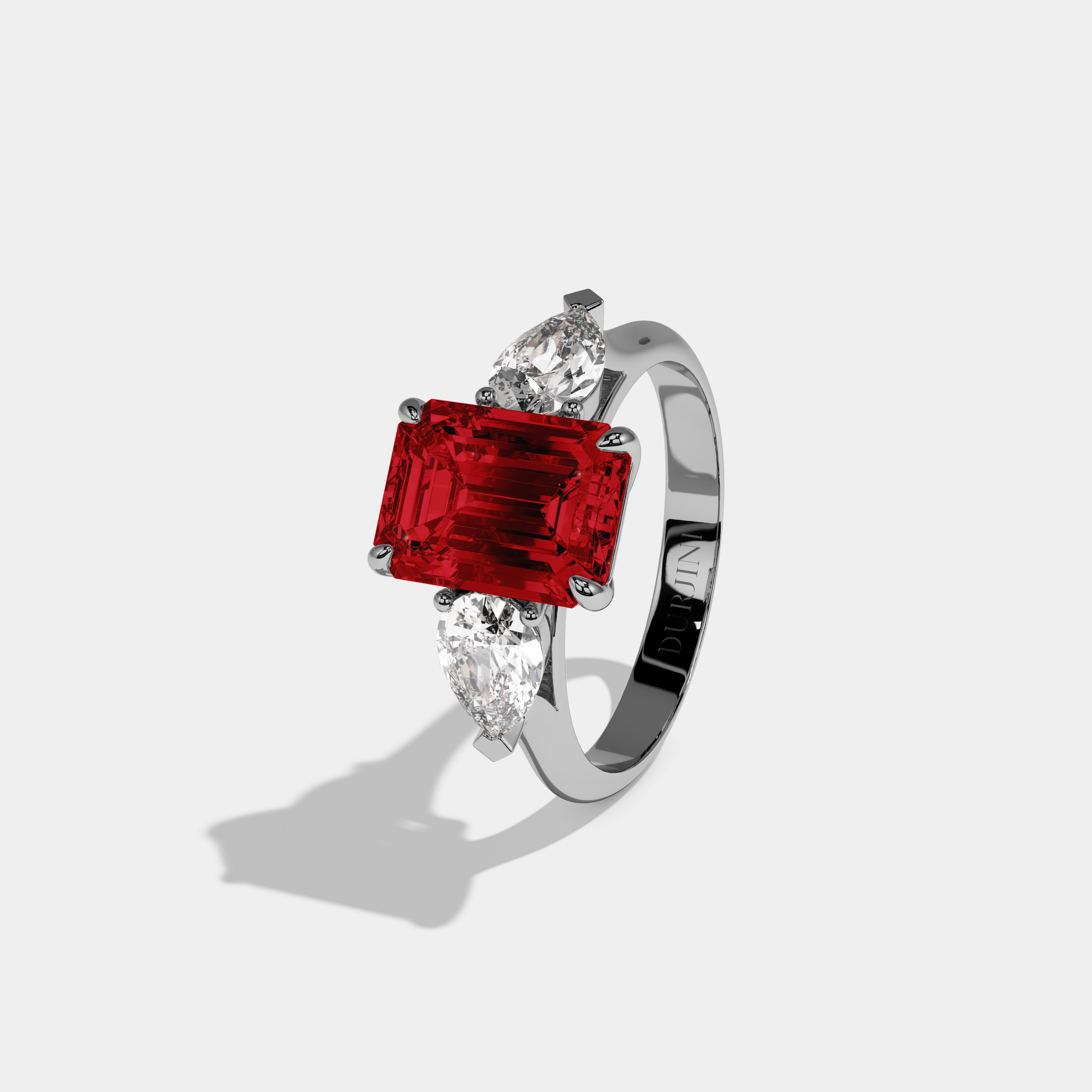 Georgiana Fancy Red Emerald Cut Diamond Plain Band With Pear Cut Sides Engagement Ring 6ct 18K White Gold