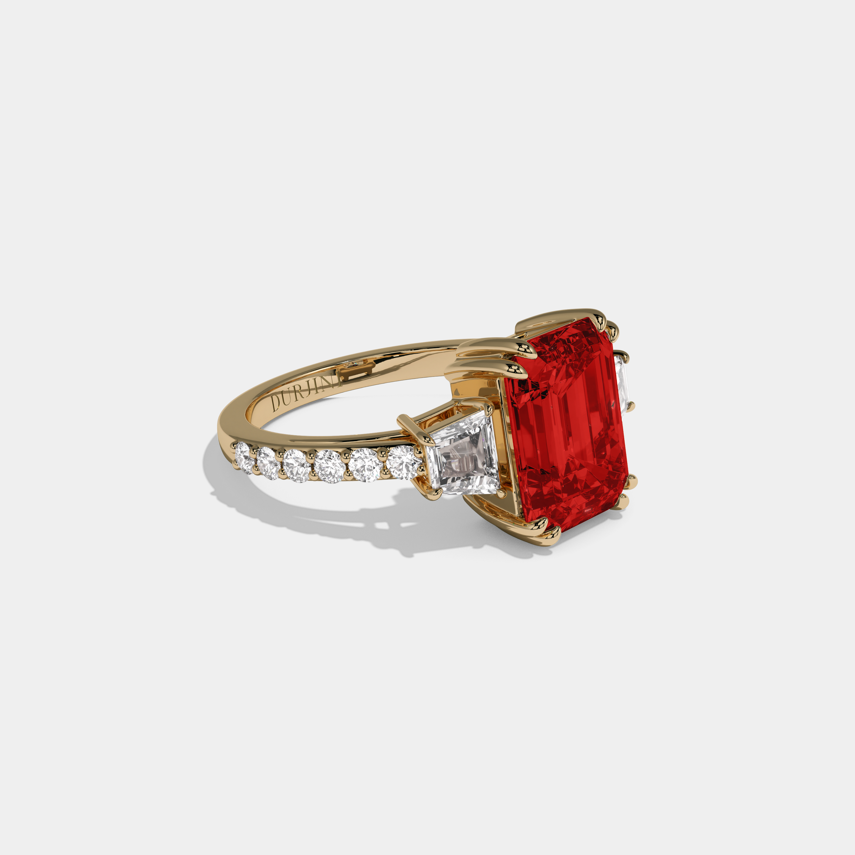 Eleanor Fancy Red Emerald Cut Diamond Band With Step Cut Sides Engagement Ring 7ct 18K Yellow Gold