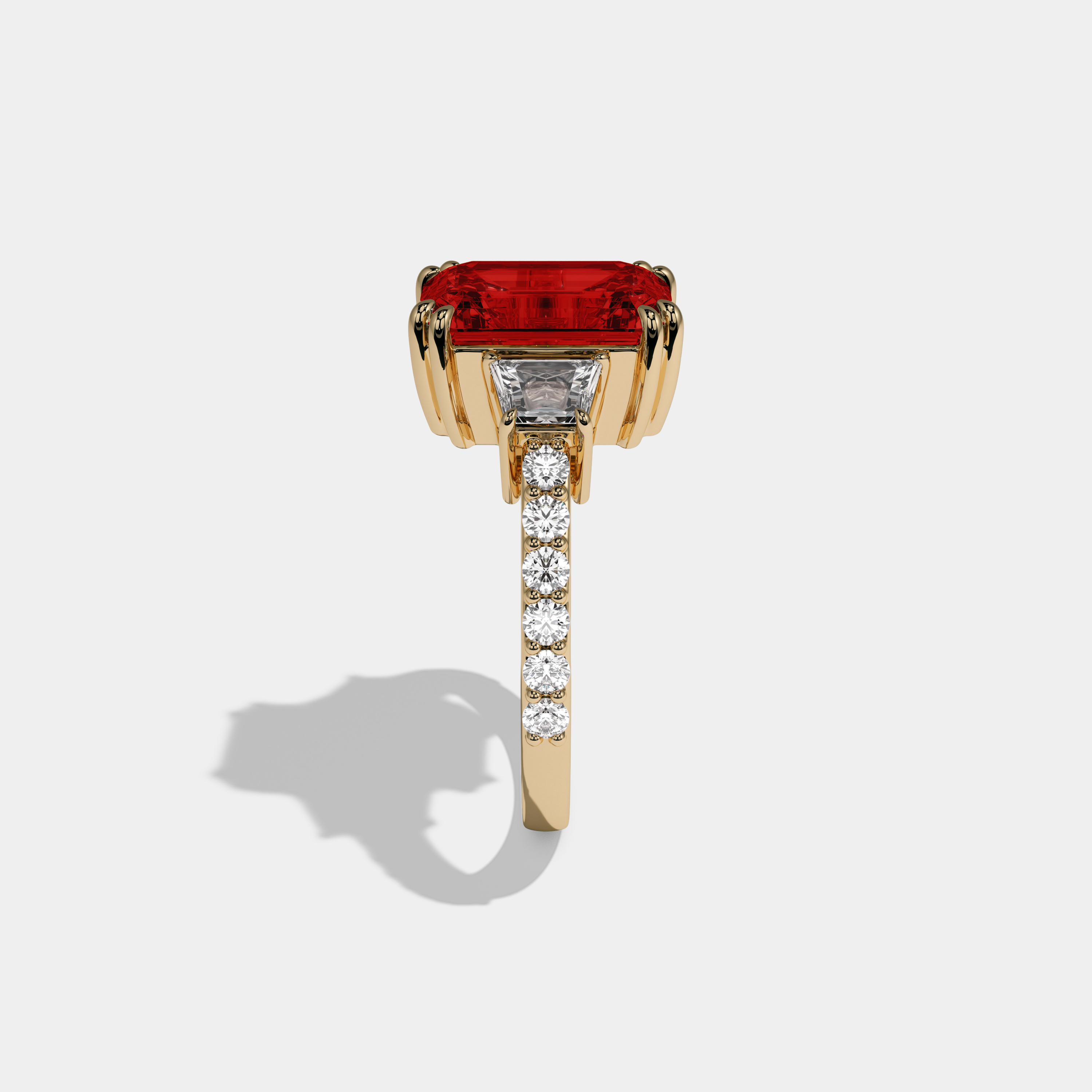 Eleanor Fancy Red Emerald Cut Diamond Band With Step Cut Sides Engagement Ring 7ct 18K Yellow Gold