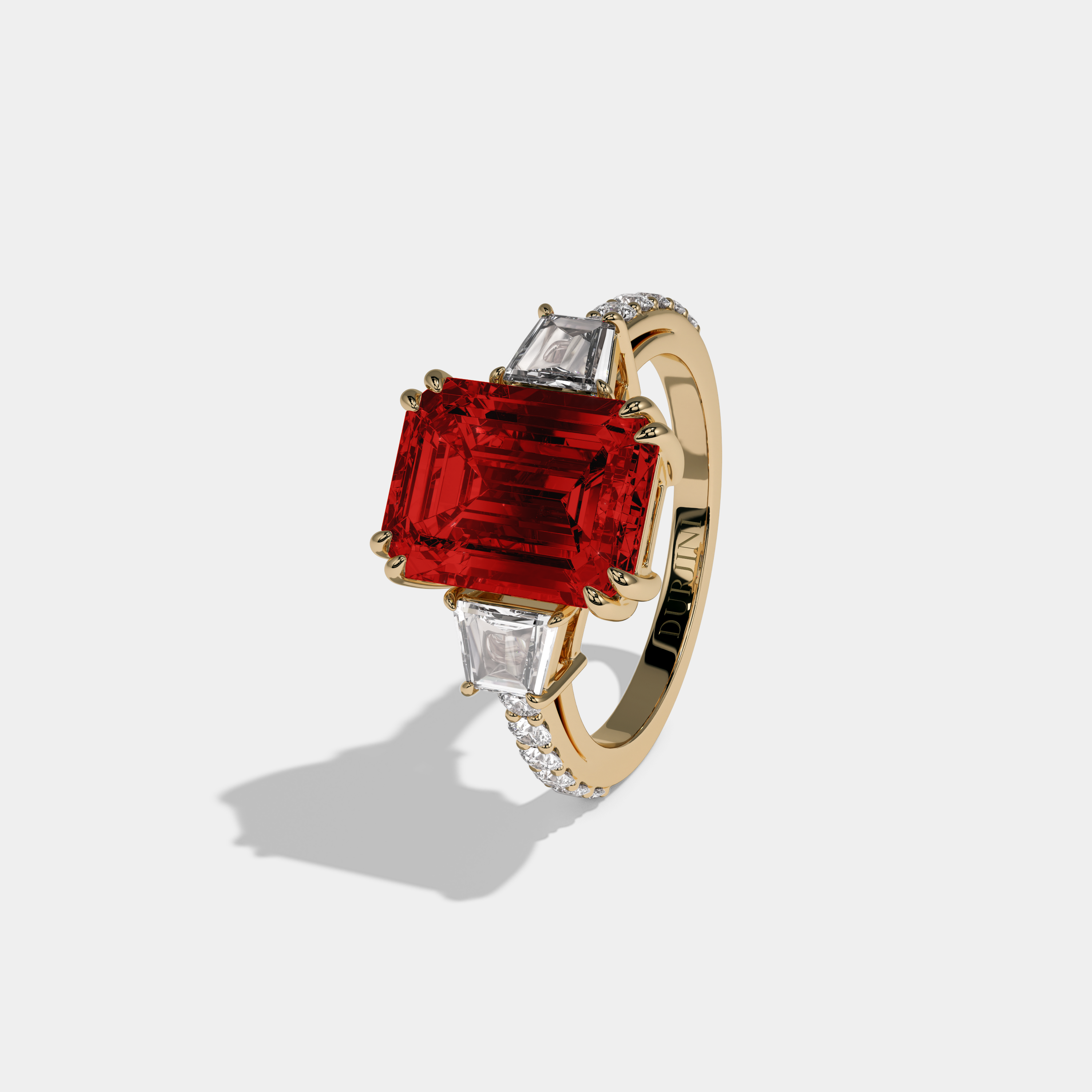Eleanor Fancy Red Emerald Cut Diamond Band With Step Cut Sides Engagement Ring 7ct 18K Yellow Gold