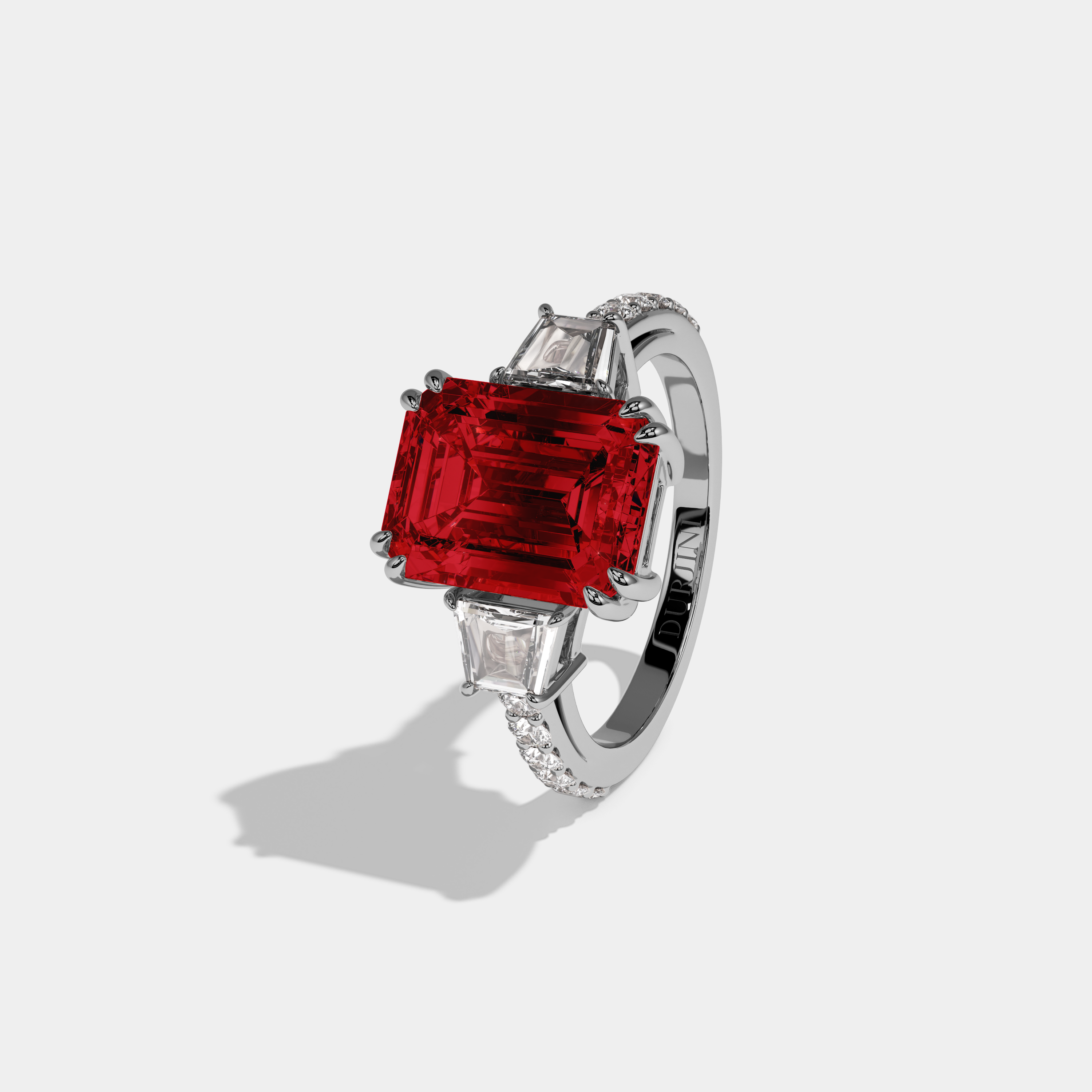 Amelia Fancy Red Emerald Cut Diamond Band With Step Cut Sides Engagement Ring 7ct 18K White Gold