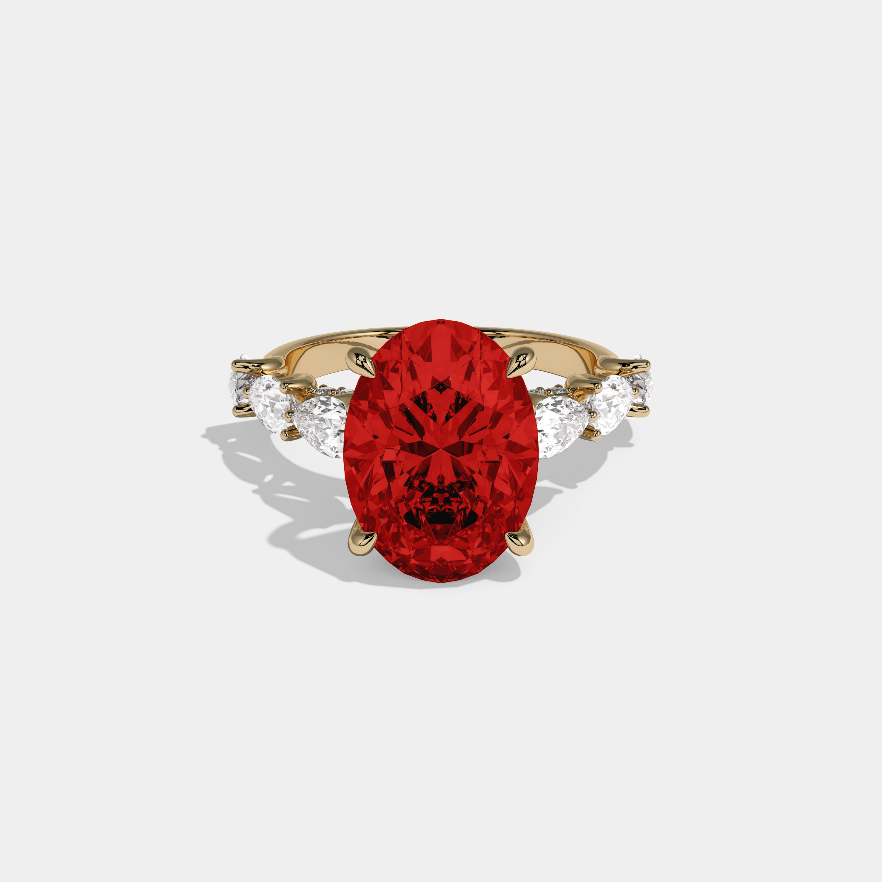 Isabella Fancy Red Oval Cut Diamond Band With Pear Cuts Engagement Ring 6ct 18K Yellow Gold