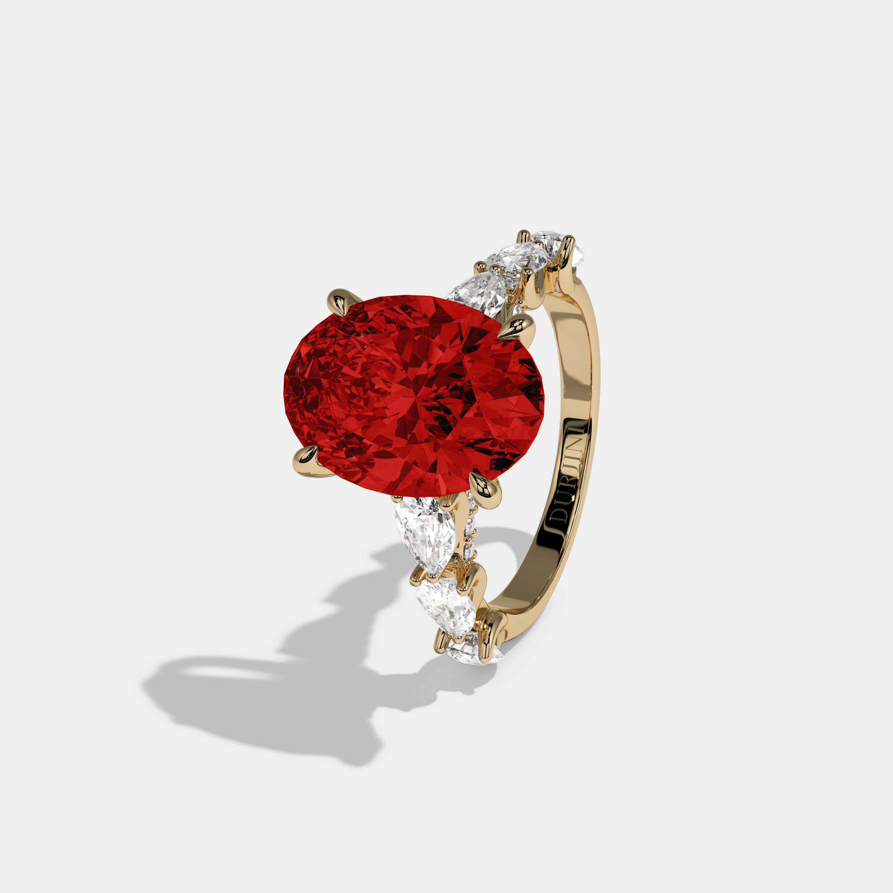 Isabella Fancy Red Oval Cut Diamond Band With Pear Cuts Engagement Ring 6ct 18K Yellow Gold