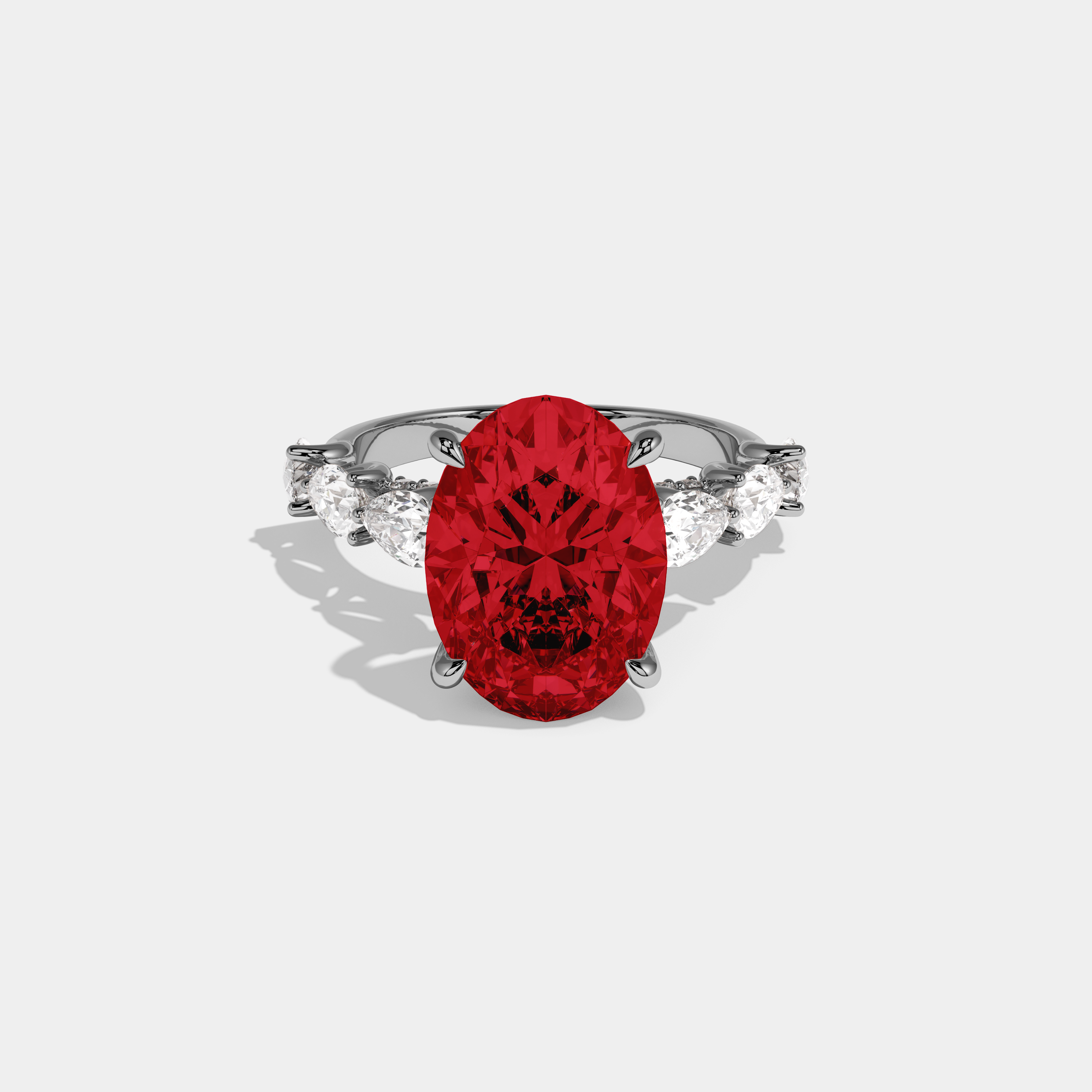 Eleanor Fancy Red Oval Cut Diamond Band With Pear Cuts Engagement Ring 6ct 18K White Gold