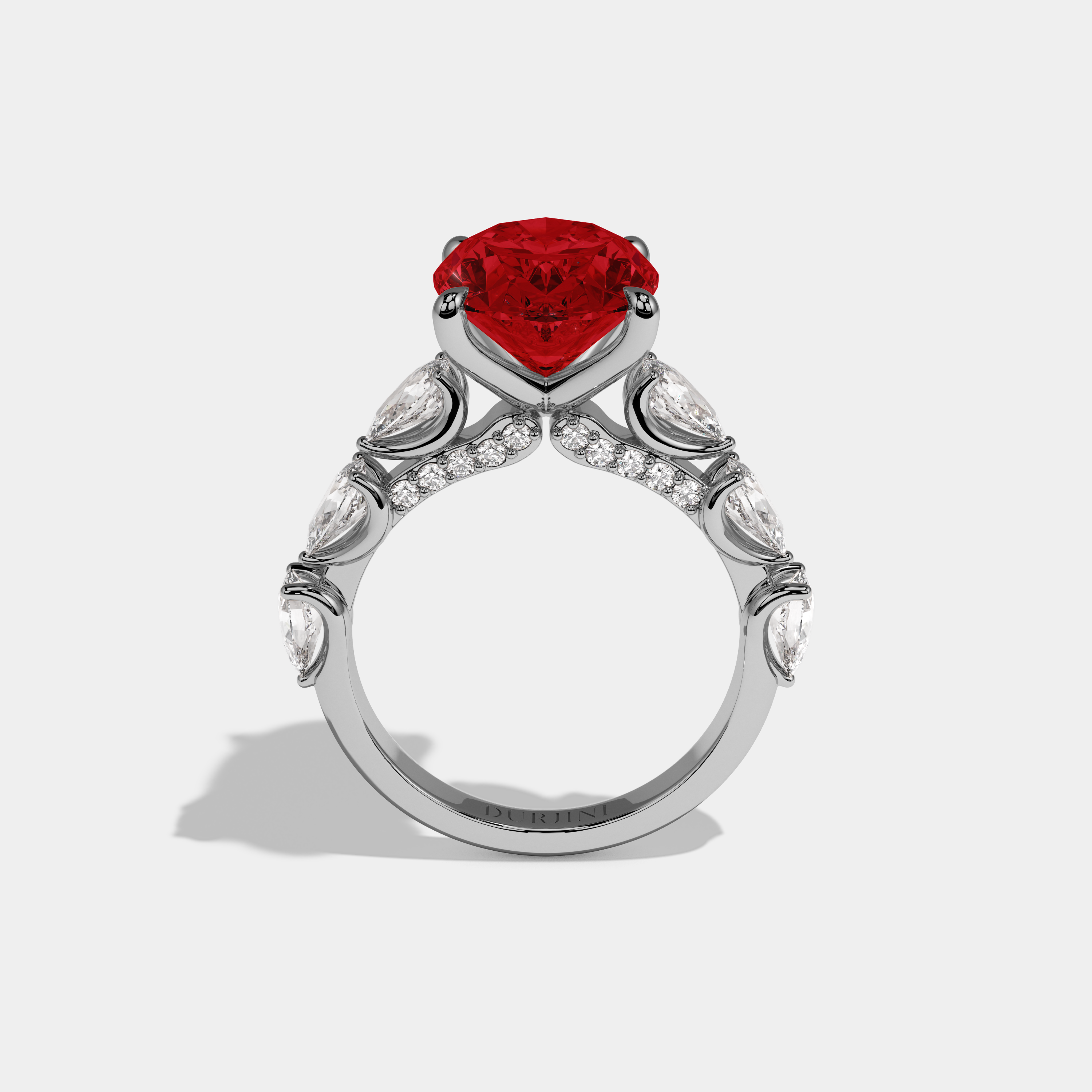 Eleanor Fancy Red Oval Cut Diamond Band With Pear Cuts Engagement Ring 6ct 18K White Gold
