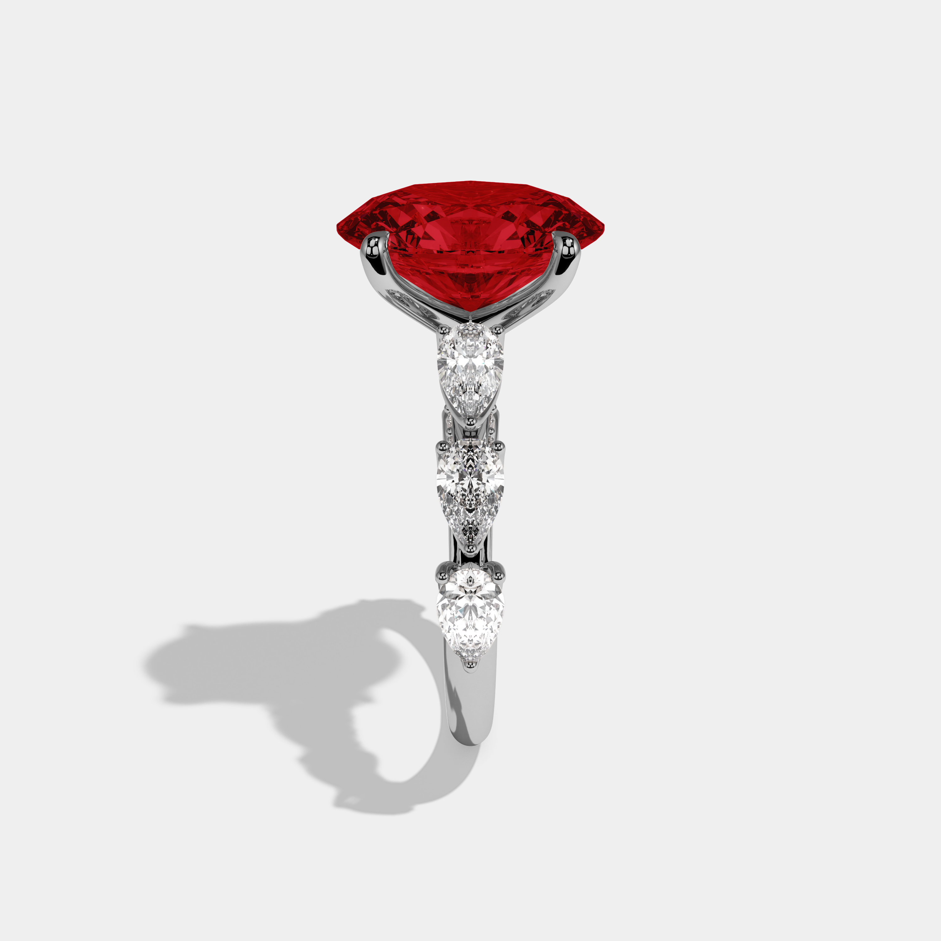 Eleanor Fancy Red Oval Cut Diamond Band With Pear Cuts Engagement Ring 6ct 18K White Gold