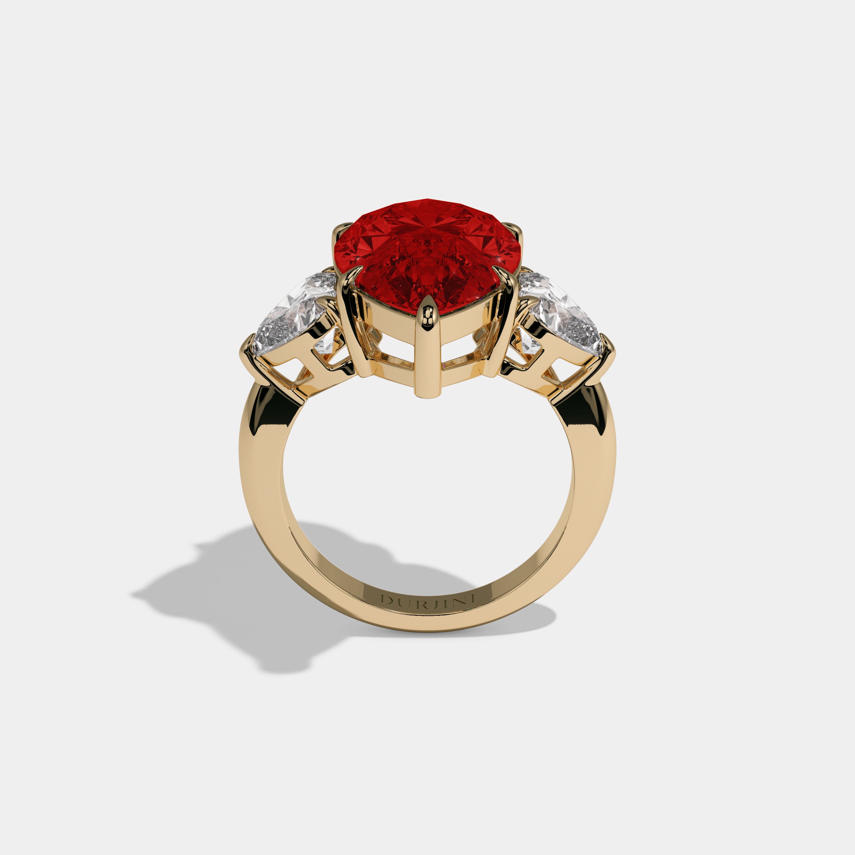 Isabella Fancy Red Pear Cut Diamond Plain Band With Heart Cut Sides Engagement Ring 6ct 18K Yellow Gold