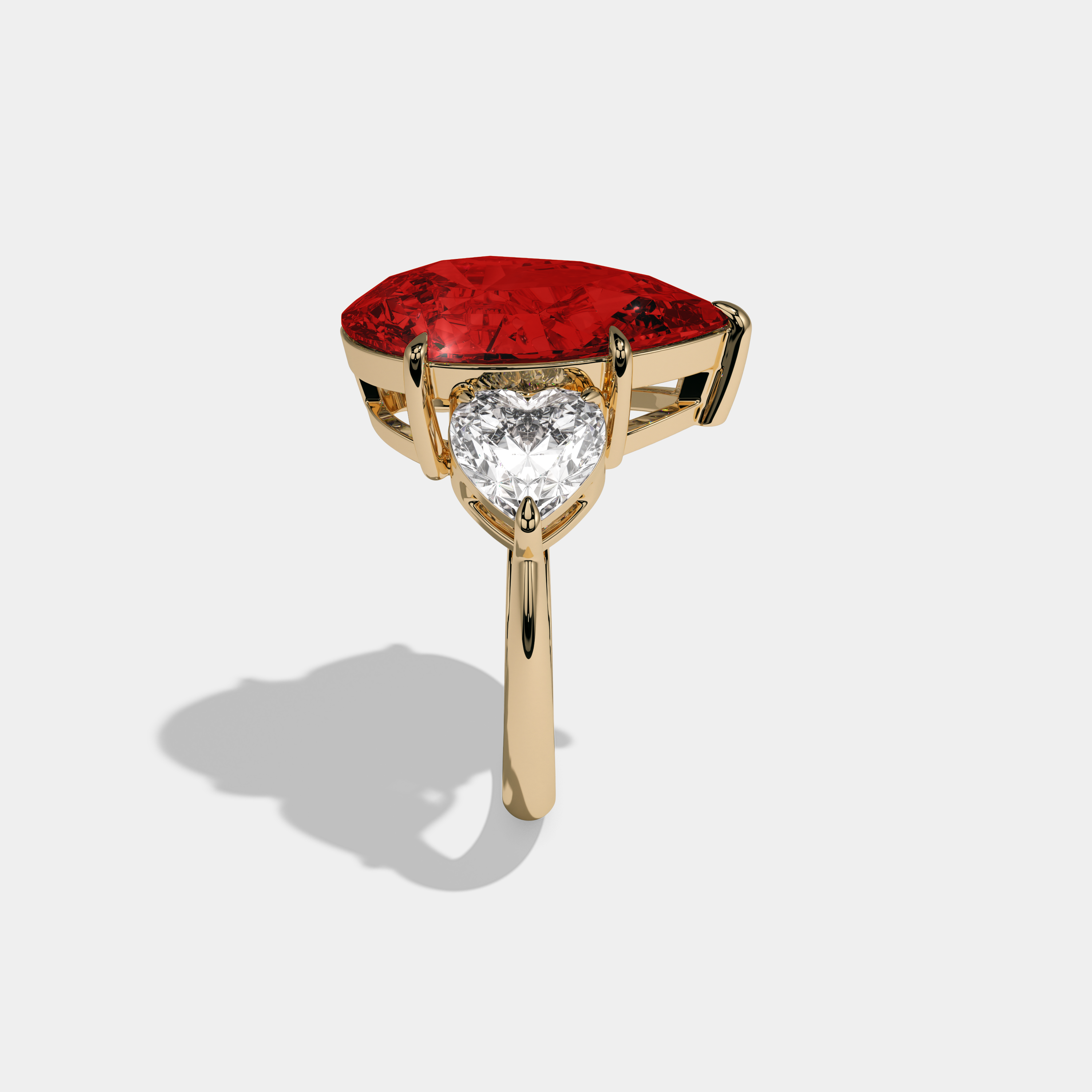 Isabella Fancy Red Pear Cut Diamond Plain Band With Heart Cut Sides Engagement Ring 6ct 18K Yellow Gold