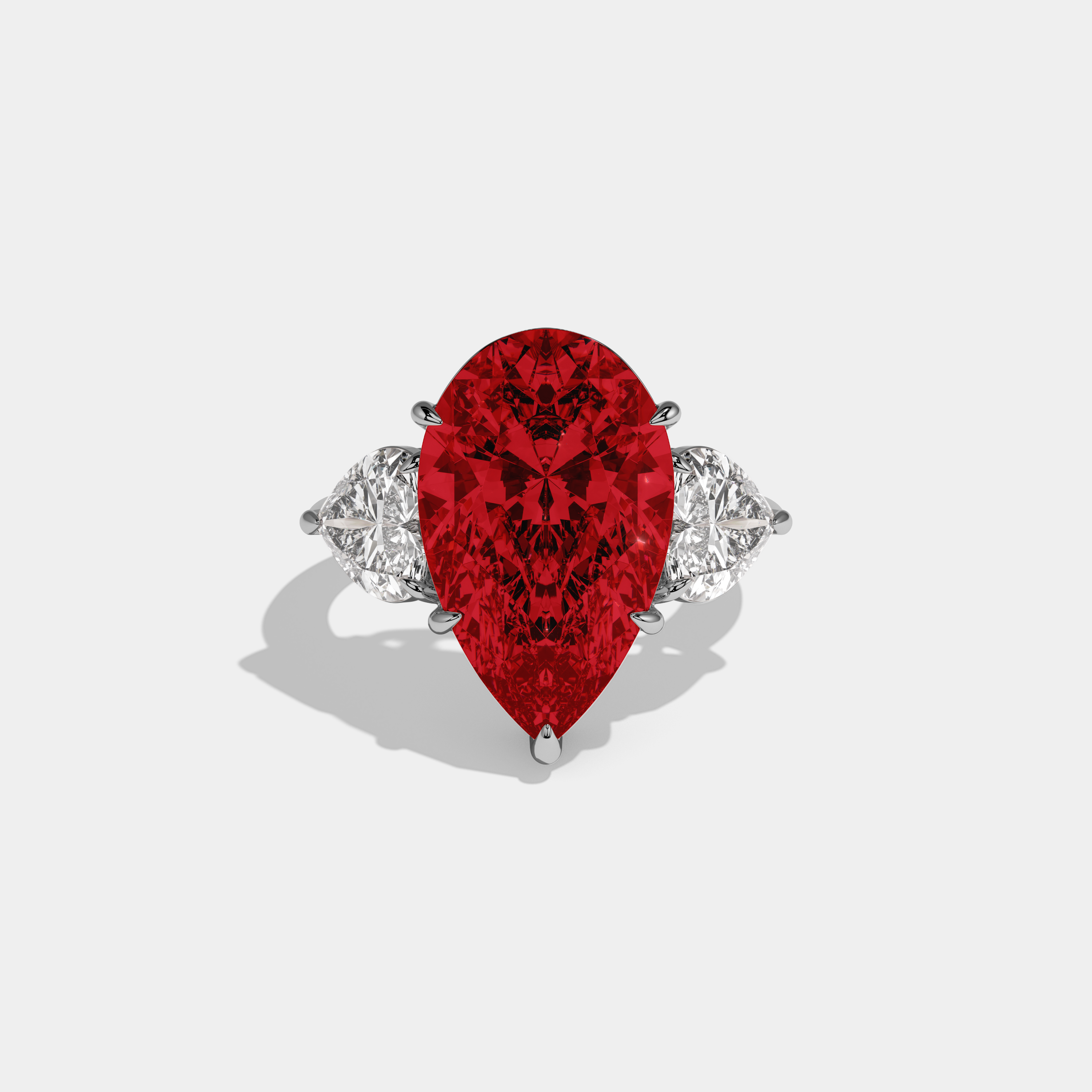 Eleanor Fancy Red Pear Cut Diamond Plain Band With Heart Cut Sides Engagement Ring 6ct 18K White Gold