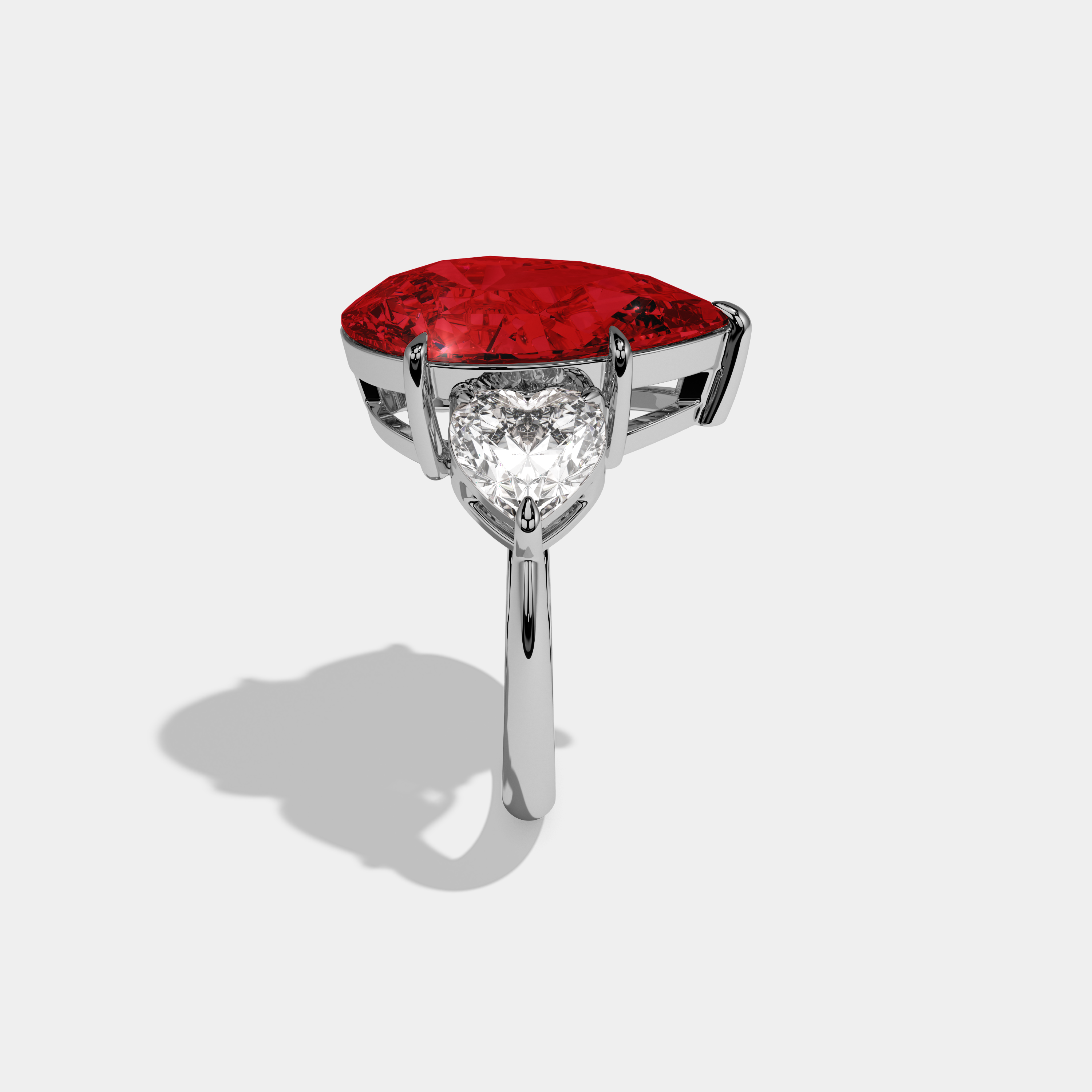 Eleanor Fancy Red Pear Cut Diamond Plain Band With Heart Cut Sides Engagement Ring 6ct 18K White Gold