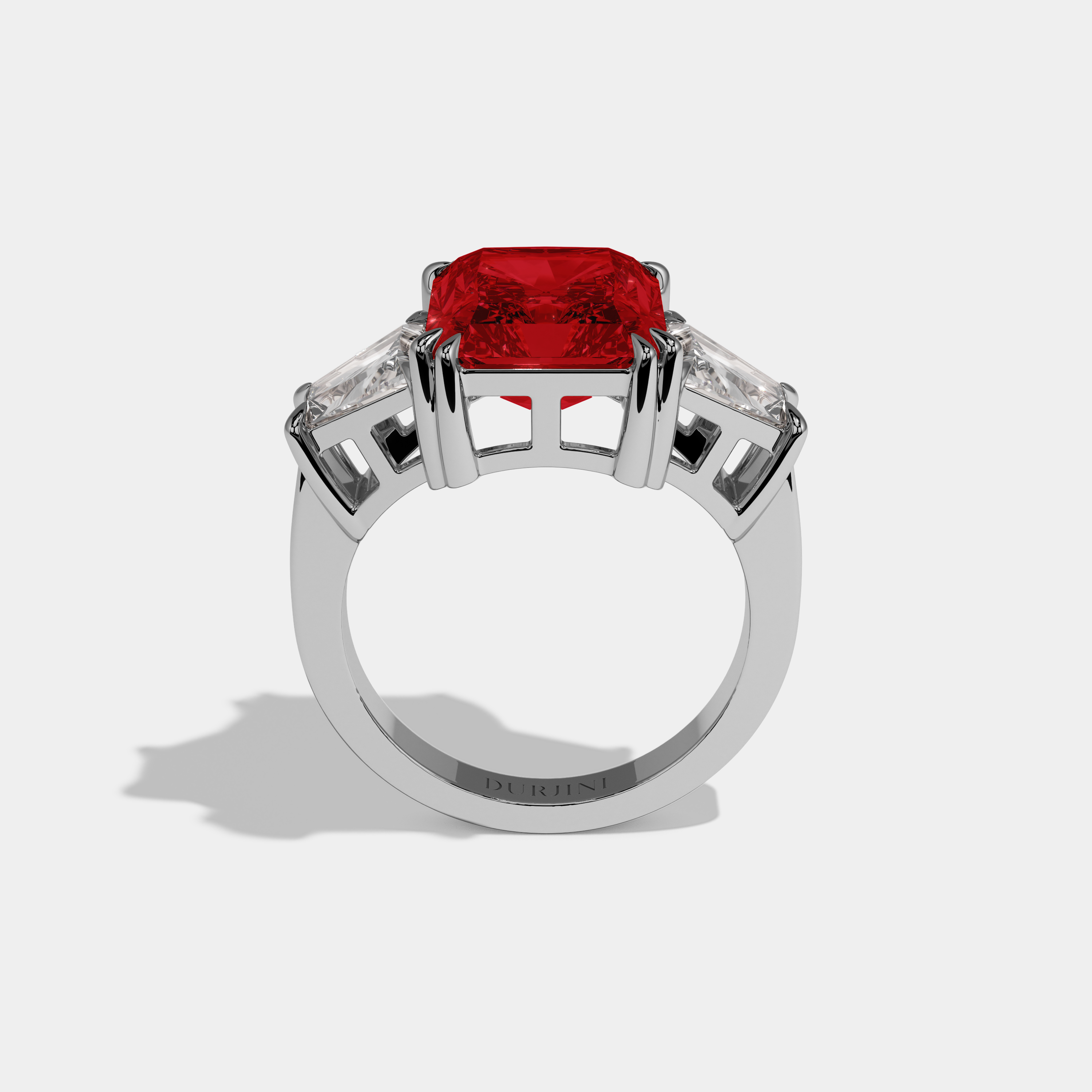 Caroline Fancy Red Radiant Cut Diamond Plain Band With Trapezoid Sides Engagement Ring 7ct 18K White Gold
