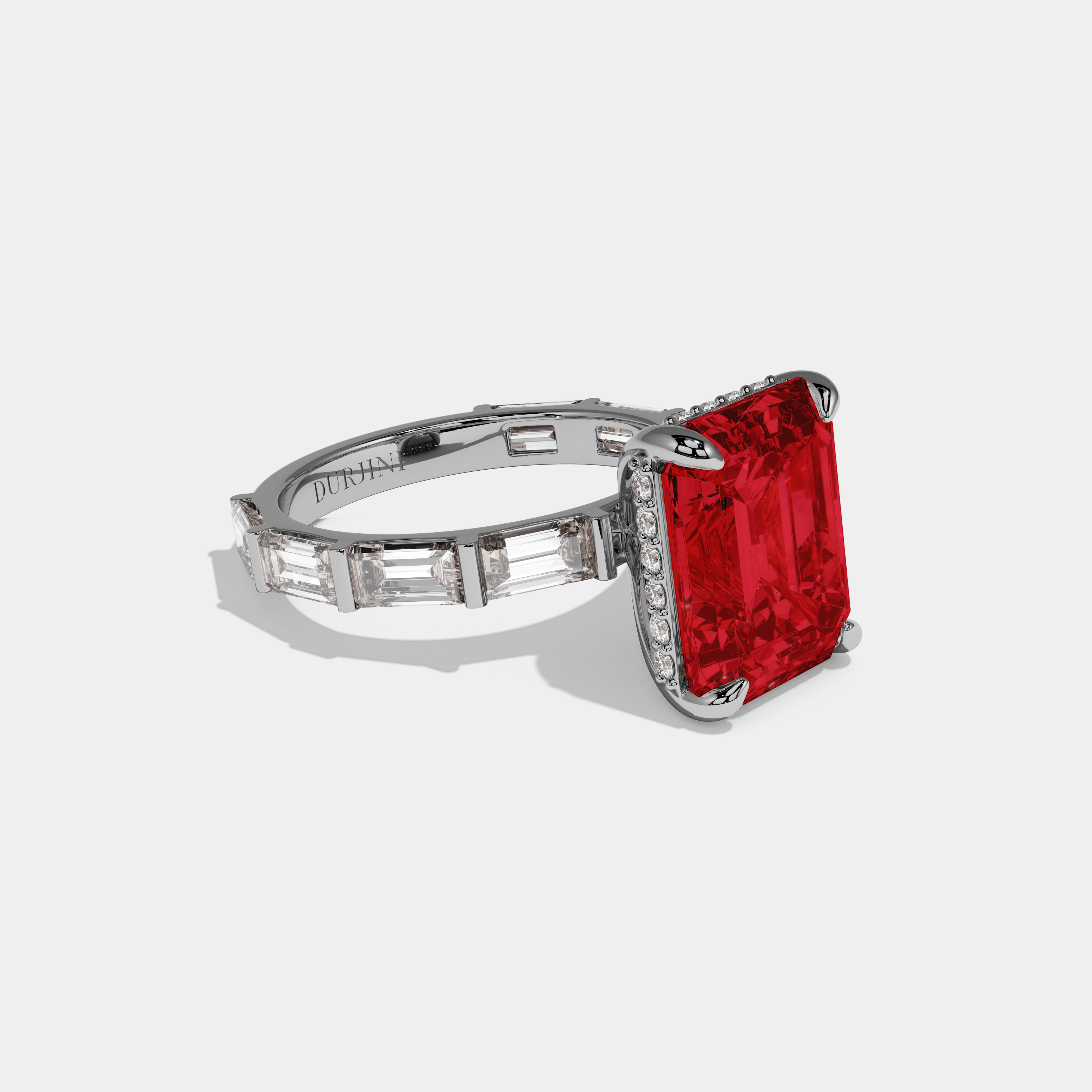 Eleanor Fancy Red Emerald Cut Diamond Emerald Band Engagement Ring 7ct 18K White Gold