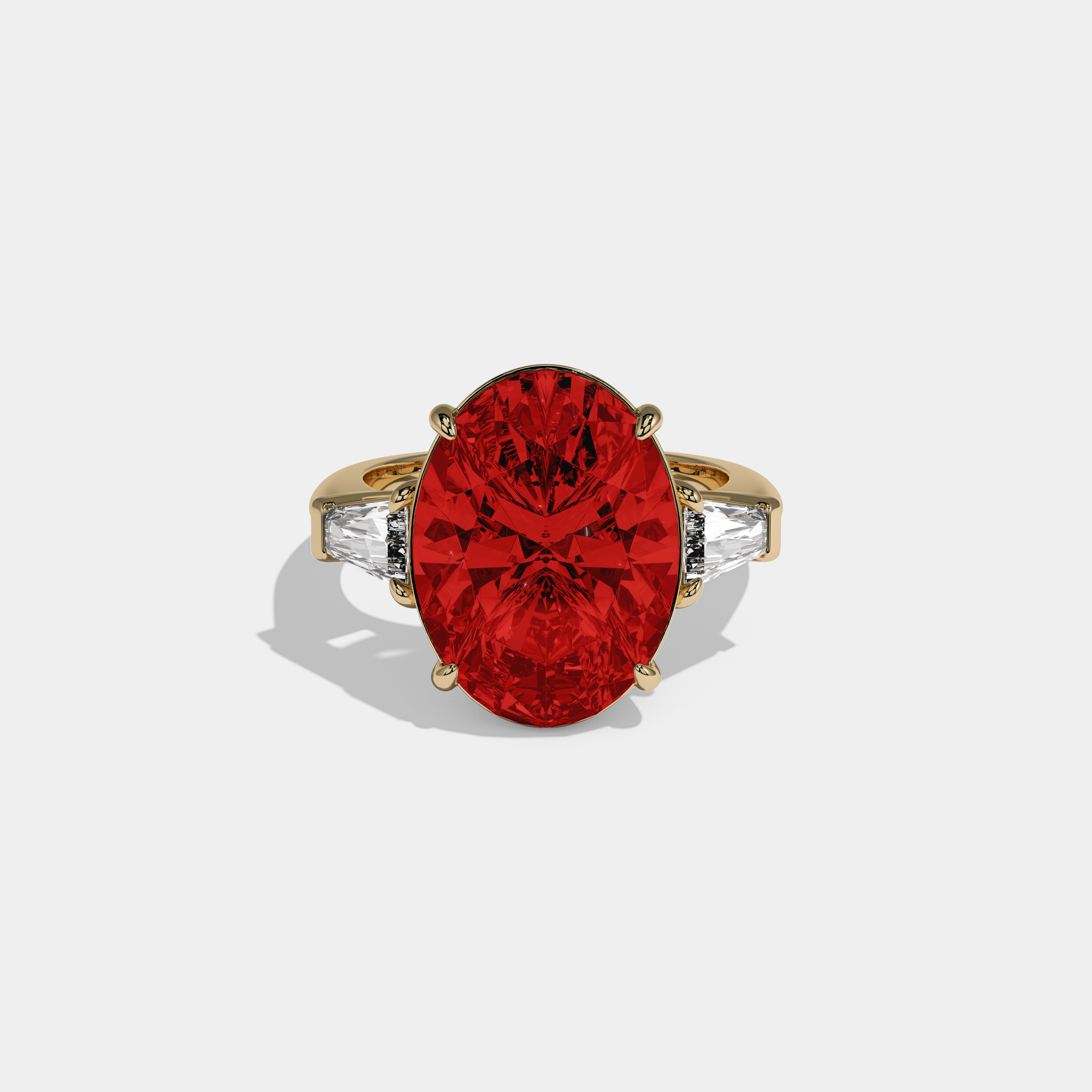 Sophia Fancy Red Oval Cut Diamond Plain Band With Tapered Baguette Cut Sides Engagement Ring 8ct 18K Yellow Gold