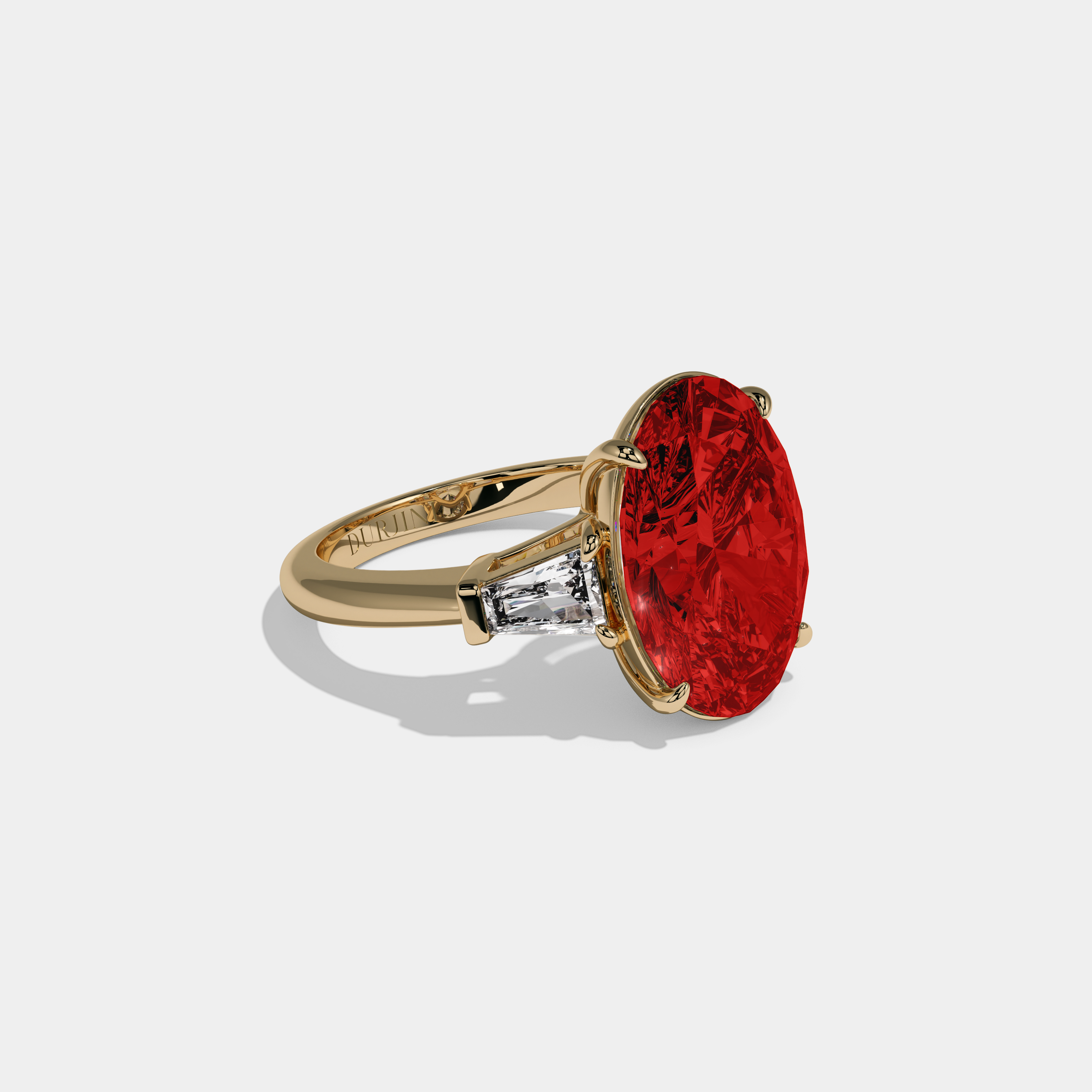 Sophia Fancy Red Oval Cut Diamond Plain Band With Tapered Baguette Cut Sides Engagement Ring 8ct 18K Yellow Gold