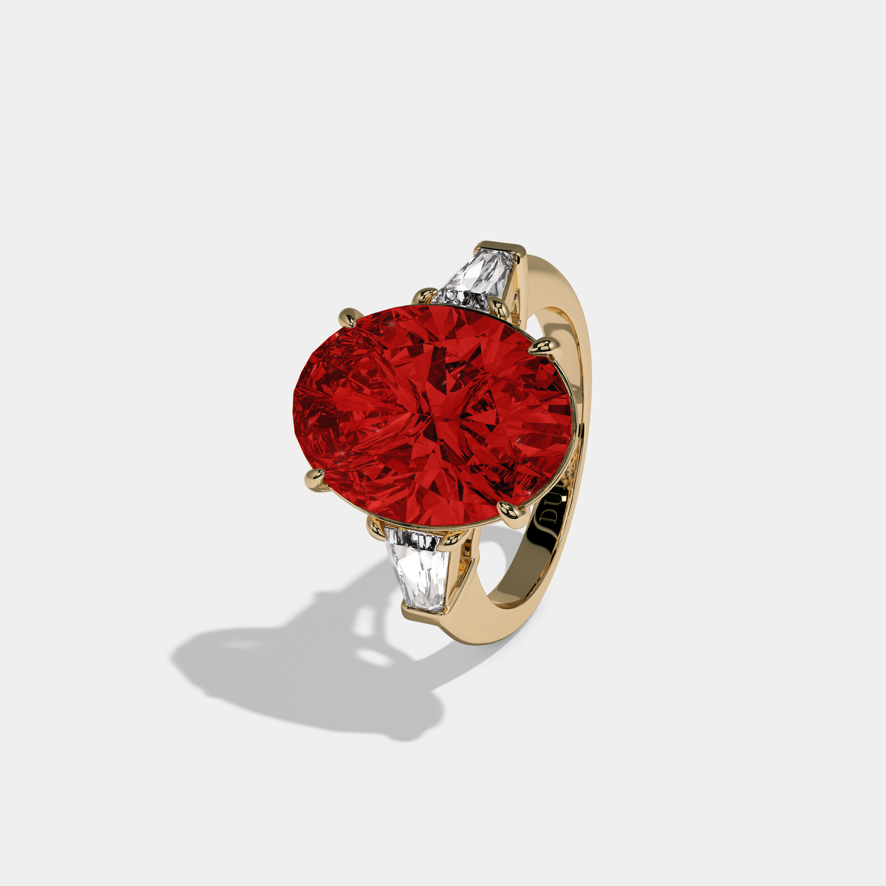 Sophia Fancy Red Oval Cut Diamond Plain Band With Tapered Baguette Cut Sides Engagement Ring 8ct 18K Yellow Gold