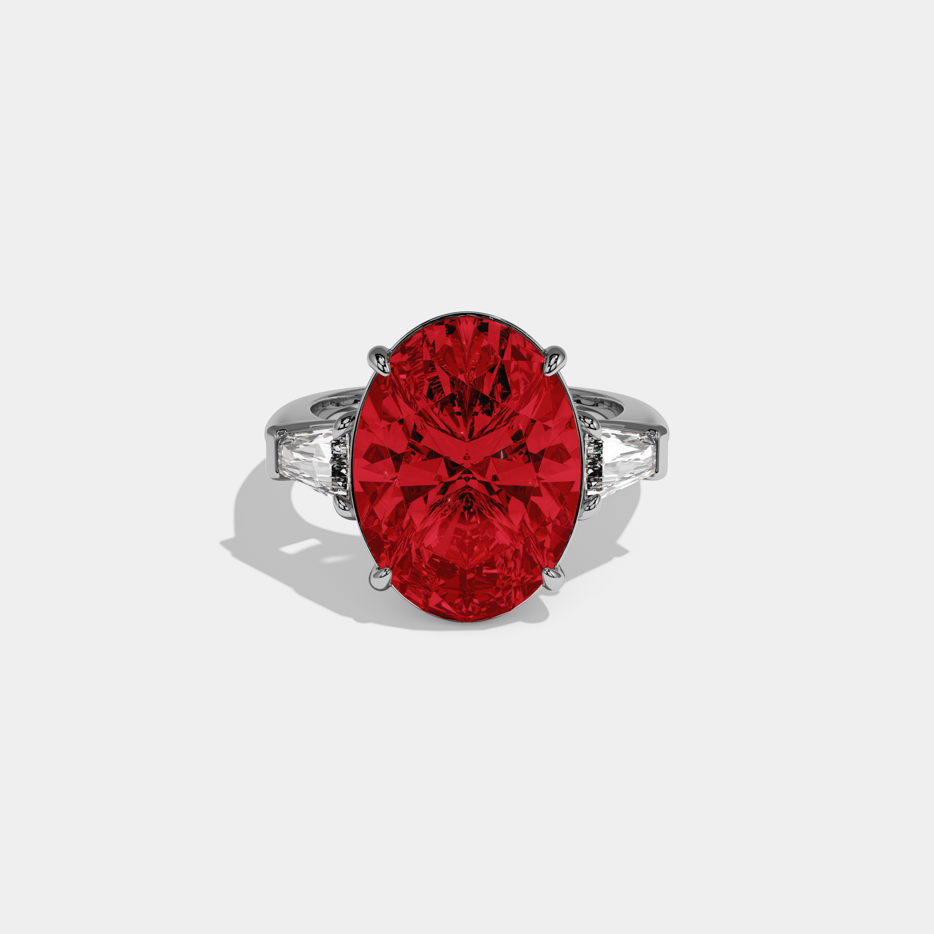 Eleanor Fancy Red Oval Cut Diamond Plain Band With Tapered Baguette Cut Sides Engagement Ring 8ct 18K White Gold