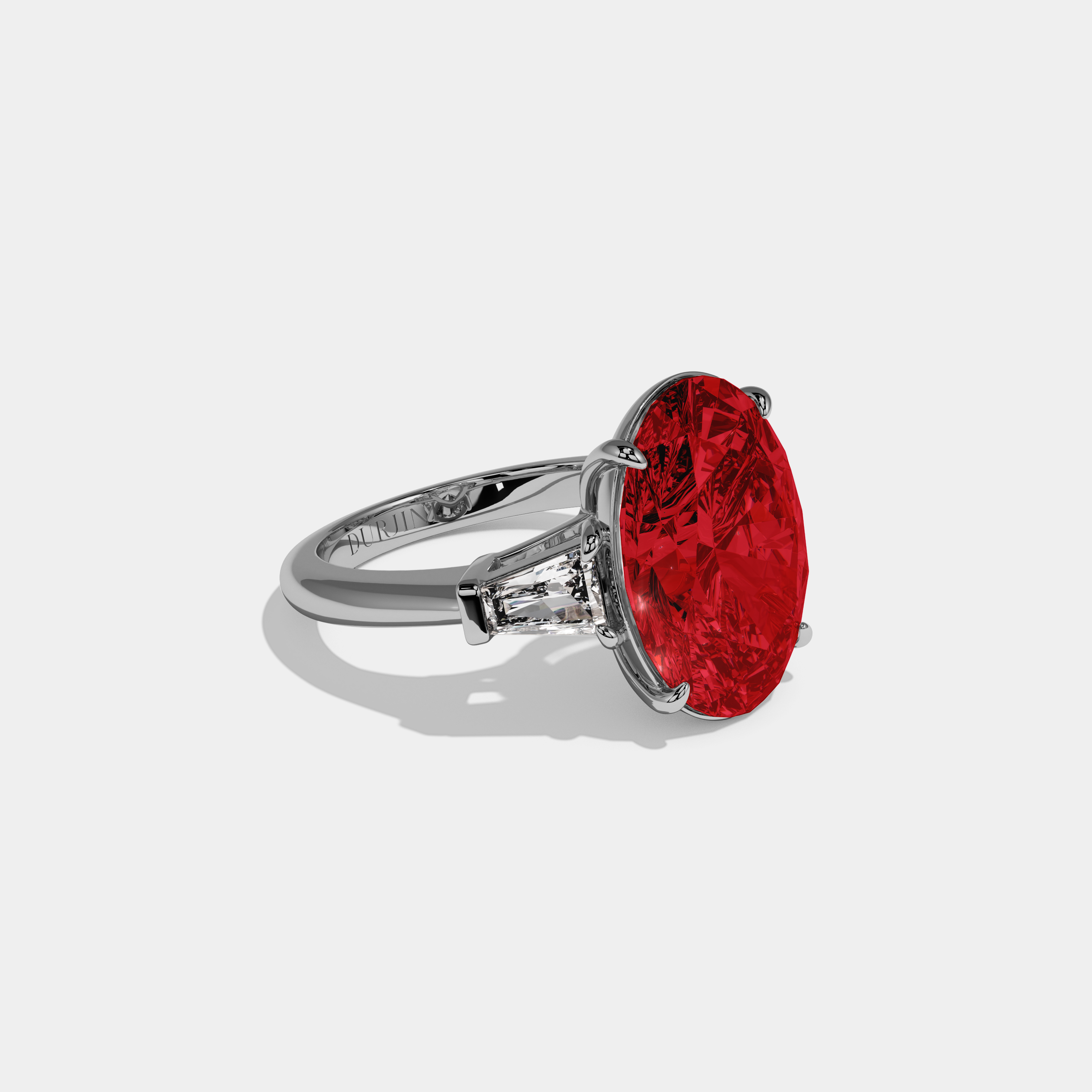 Eleanor Fancy Red Oval Cut Diamond Plain Band With Tapered Baguette Cut Sides Engagement Ring 8ct 18K White Gold