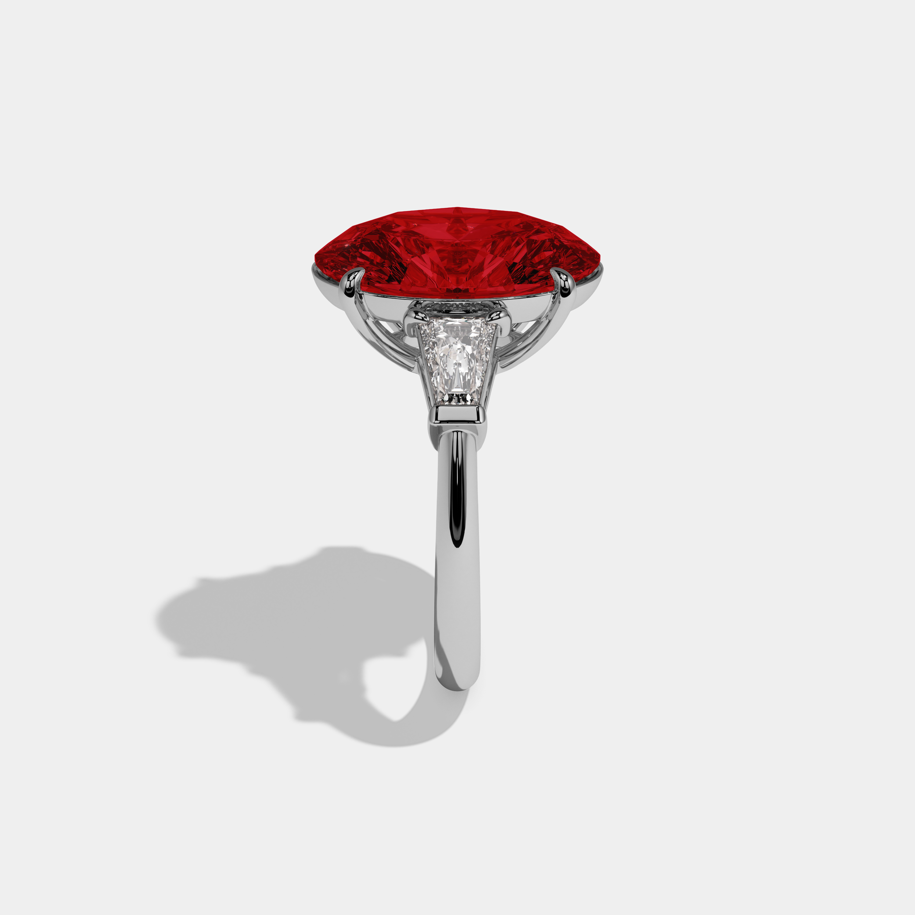 Eleanor Fancy Red Oval Cut Diamond Plain Band With Tapered Baguette Cut Sides Engagement Ring 8ct 18K White Gold