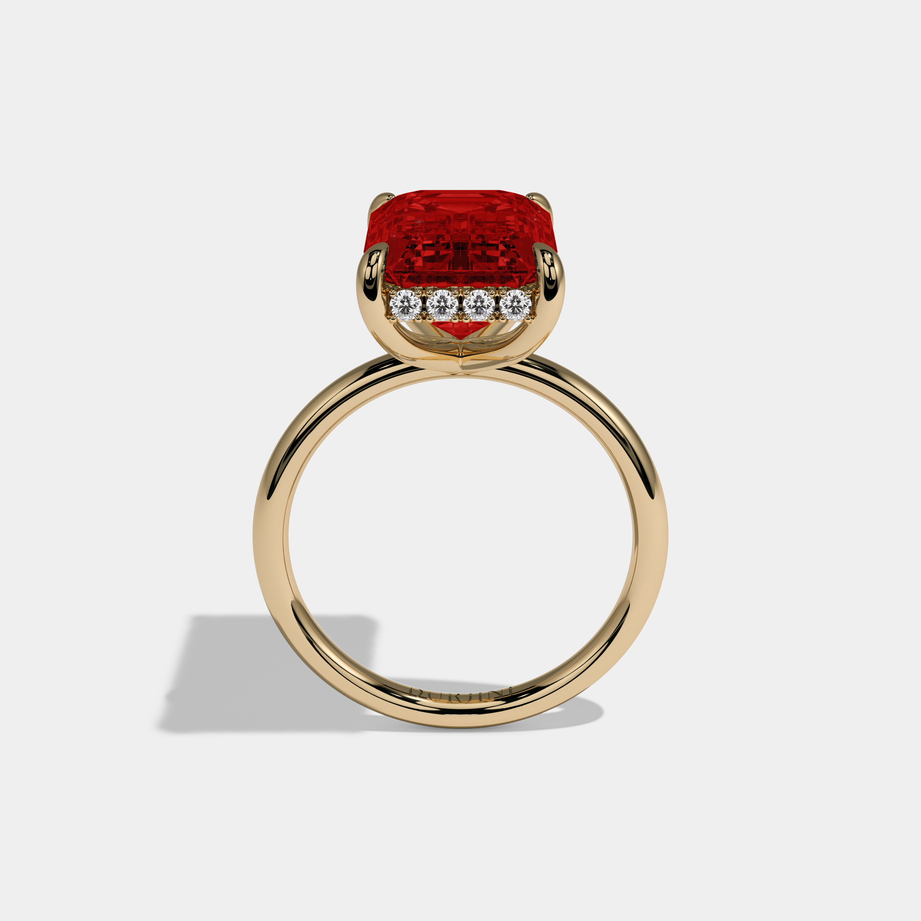 Maud Fancy Red Emerald Brilliant Cut Diamond Plain Band With Hidden Halo 6.5ct 18K Yellow Gold