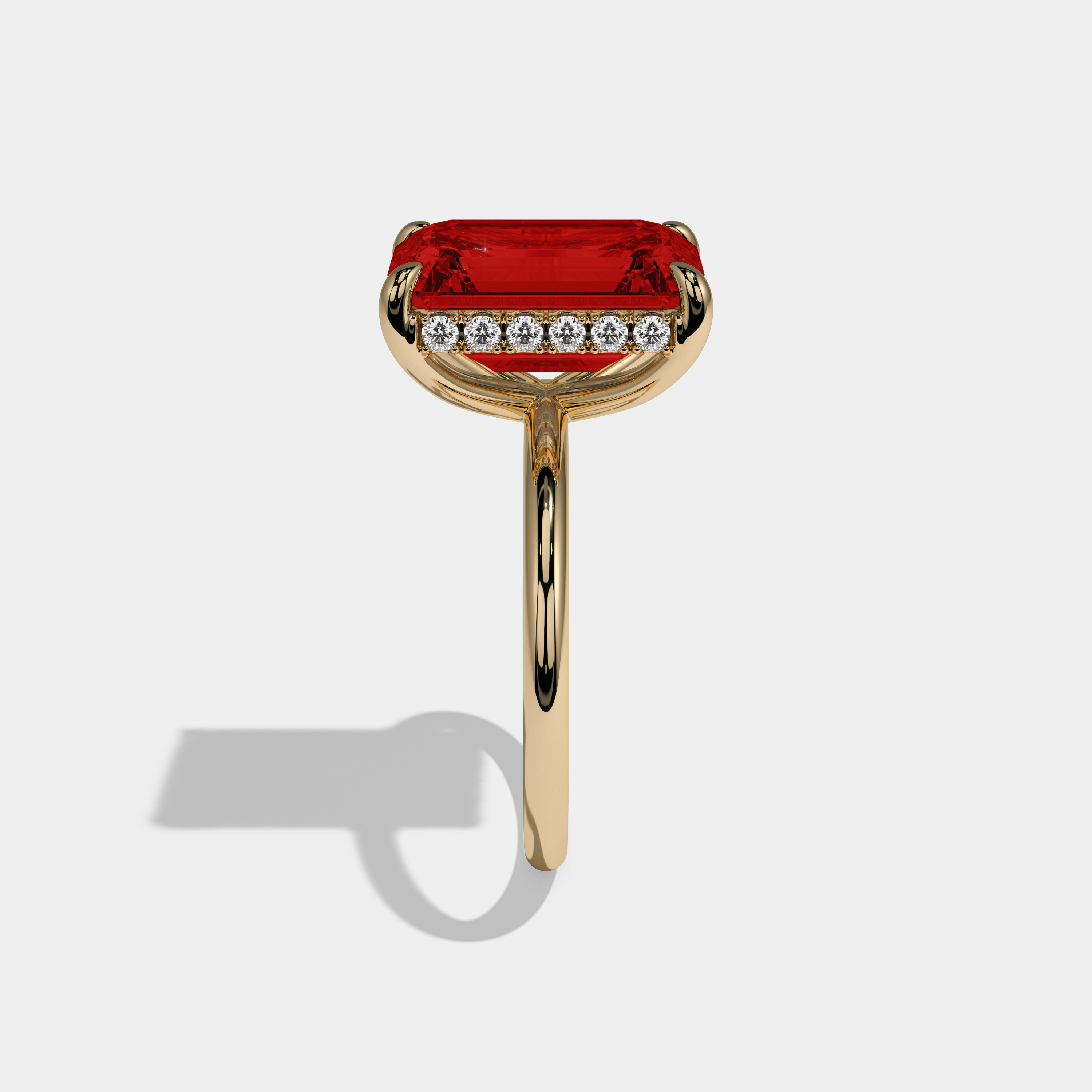 Maud Fancy Red Emerald Brilliant Cut Diamond Plain Band With Hidden Halo 6.5ct 18K Yellow Gold