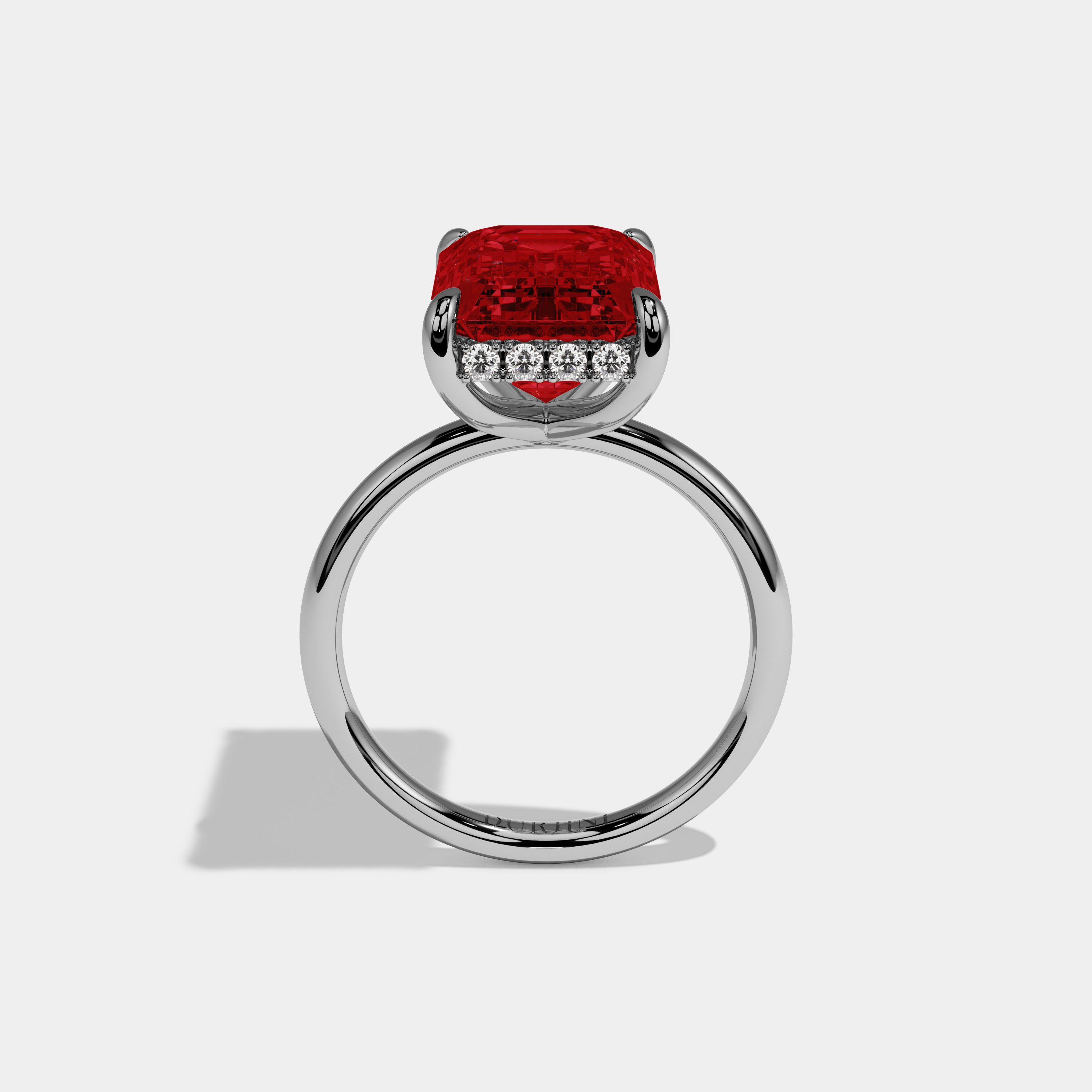 Eleanor Fancy Red Emerald Brilliant Cut Diamond Plain Band With Hidden Halo 6.5ct 18K White Gold