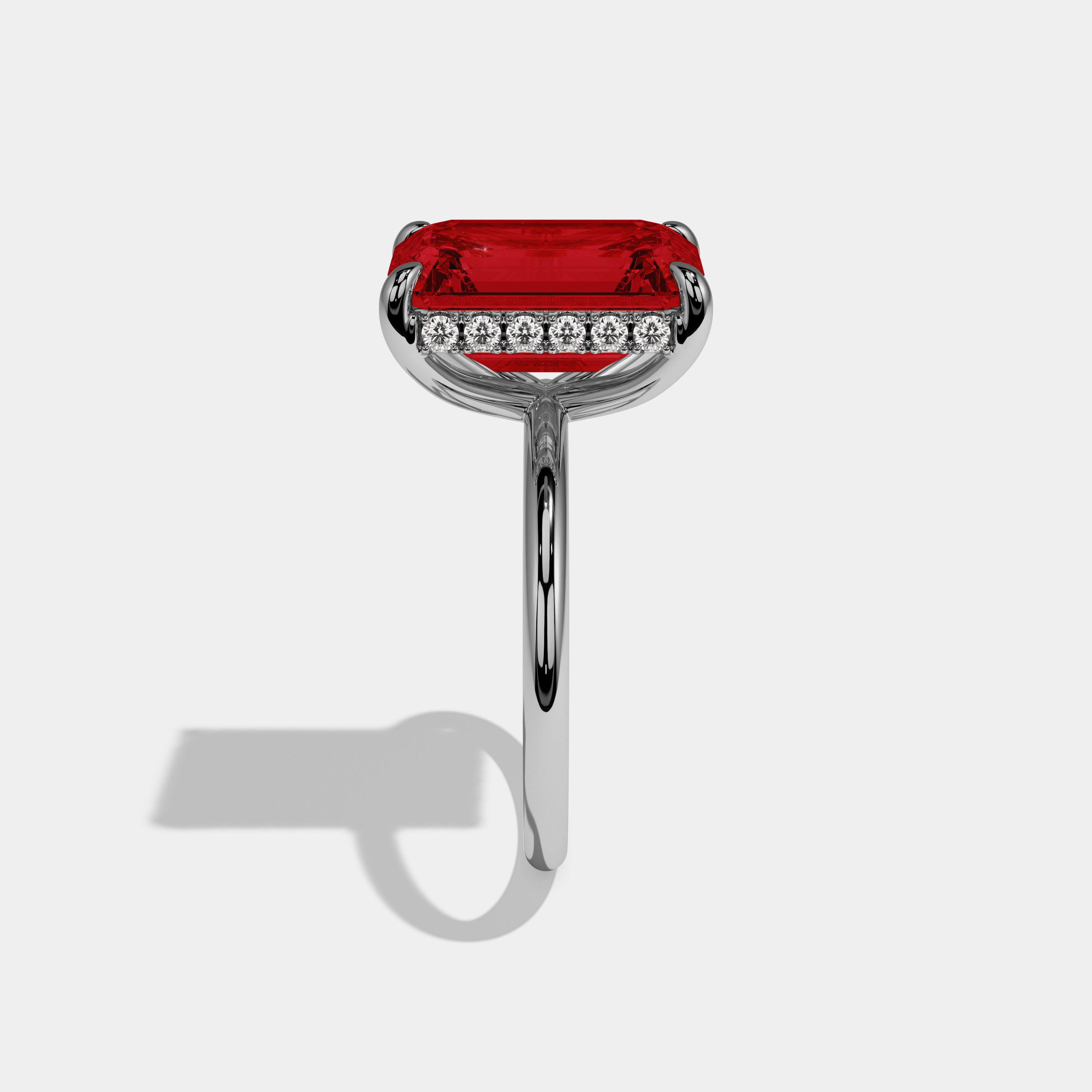 Eleanor Fancy Red Emerald Brilliant Cut Diamond Plain Band With Hidden Halo 6.5ct 18K White Gold