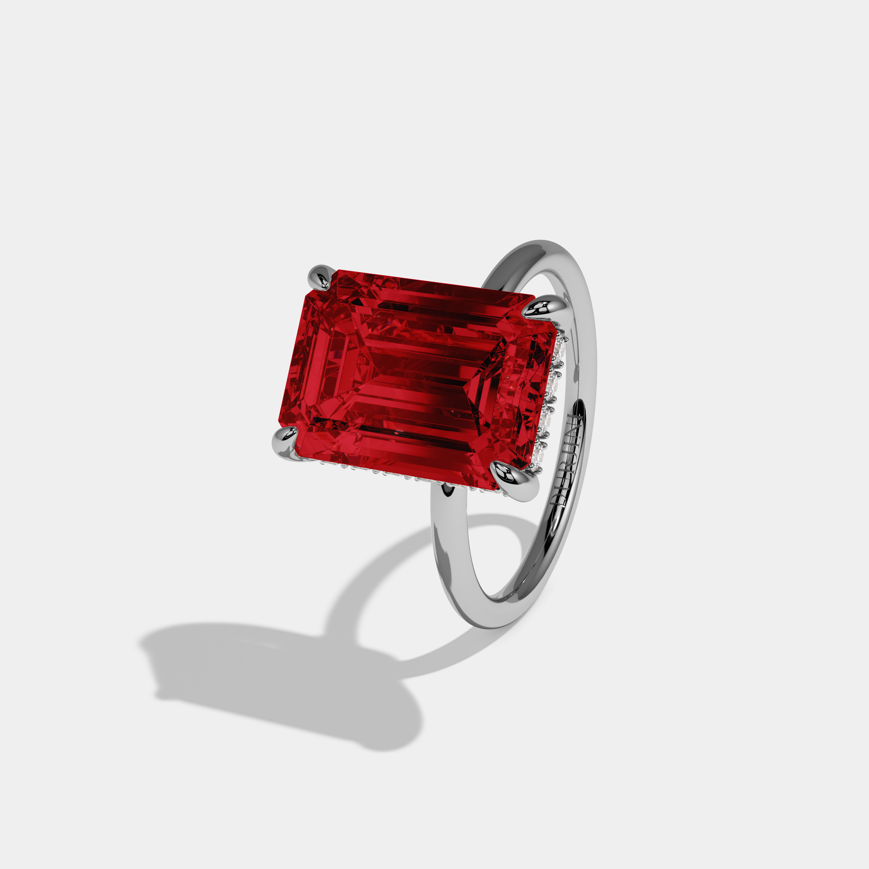 Eleanor Fancy Red Emerald Brilliant Cut Diamond Plain Band With Hidden Halo 6.5ct 18K White Gold