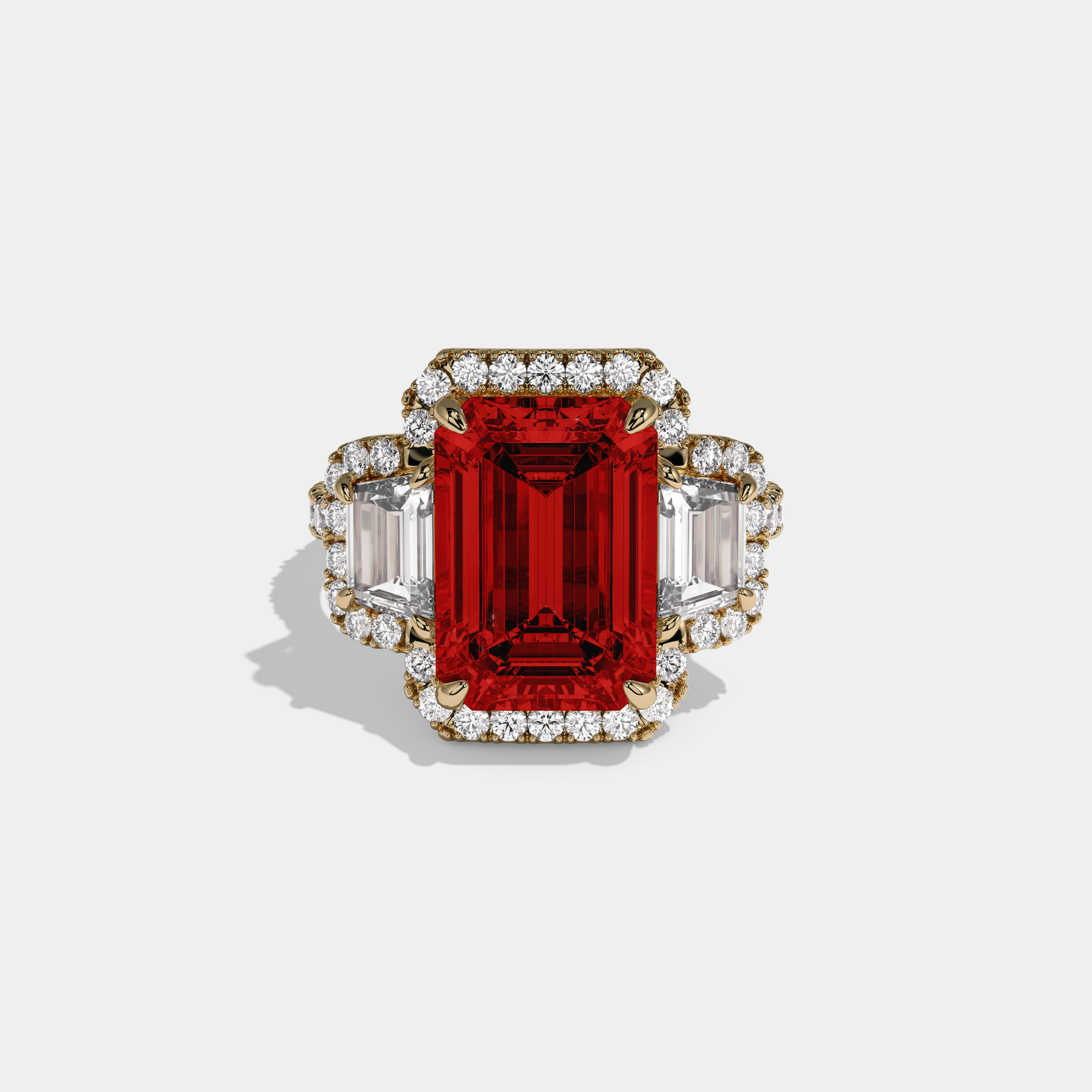 Maud Fancy Red Emerald Cut Diamond Band With Halo Engagement Ring 8ct 18K Yellow Gold
