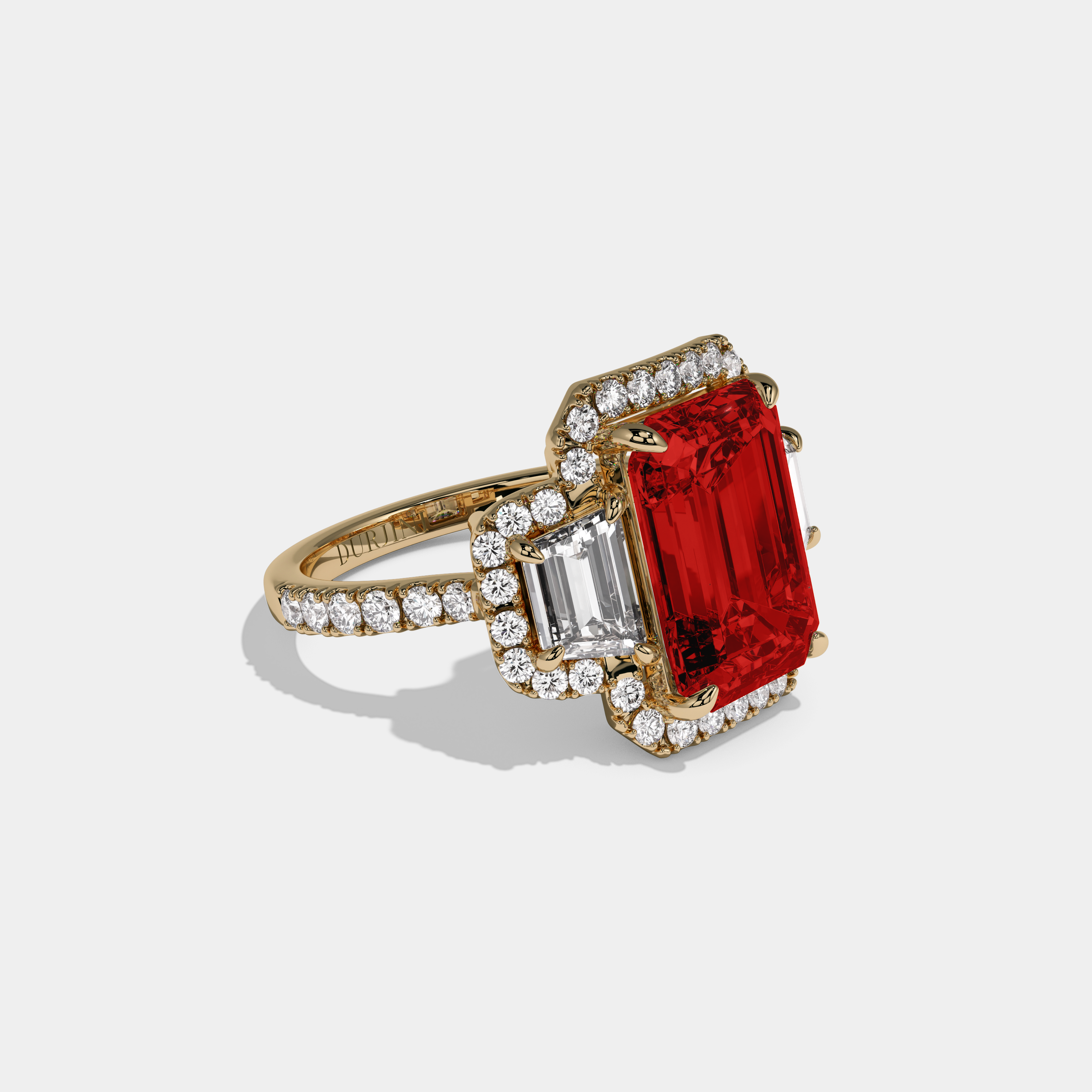 Maud Fancy Red Emerald Cut Diamond Band With Halo Engagement Ring 8ct 18K Yellow Gold