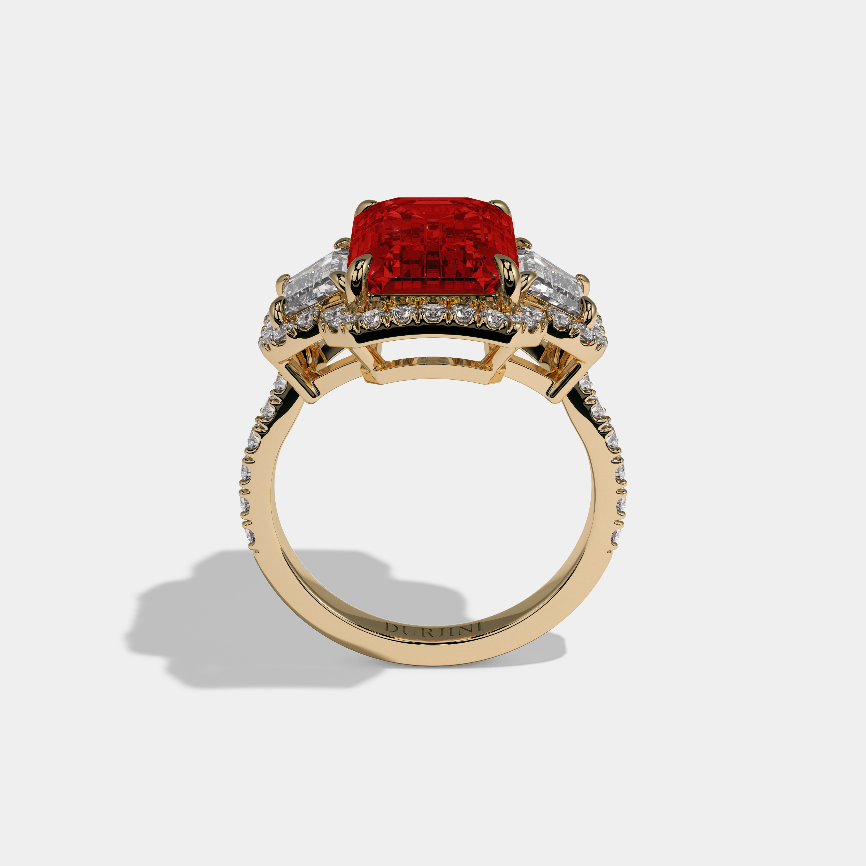 Maud Fancy Red Emerald Cut Diamond Band With Halo Engagement Ring 8ct 18K Yellow Gold