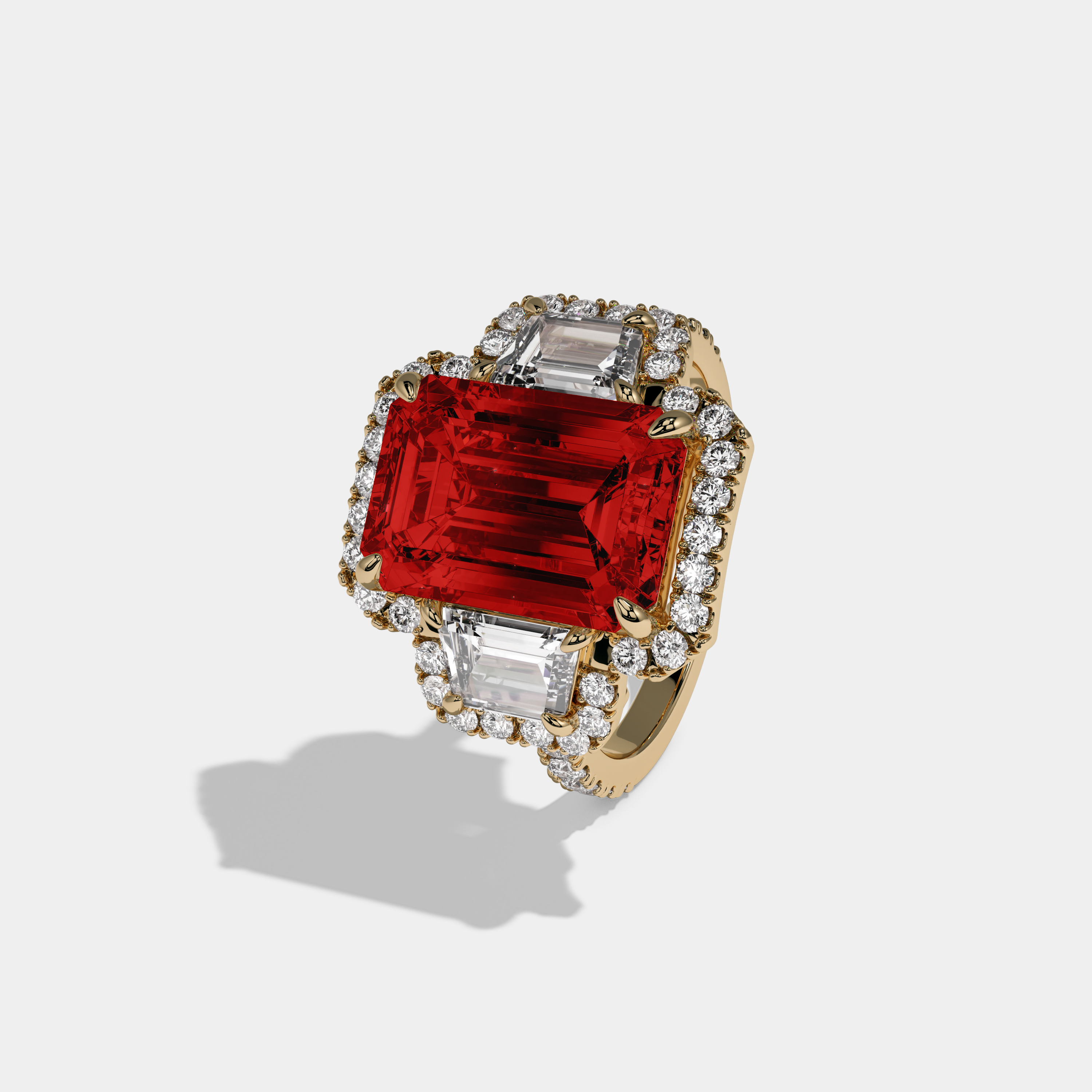 Maud Fancy Red Emerald Cut Diamond Band With Halo Engagement Ring 8ct 18K Yellow Gold