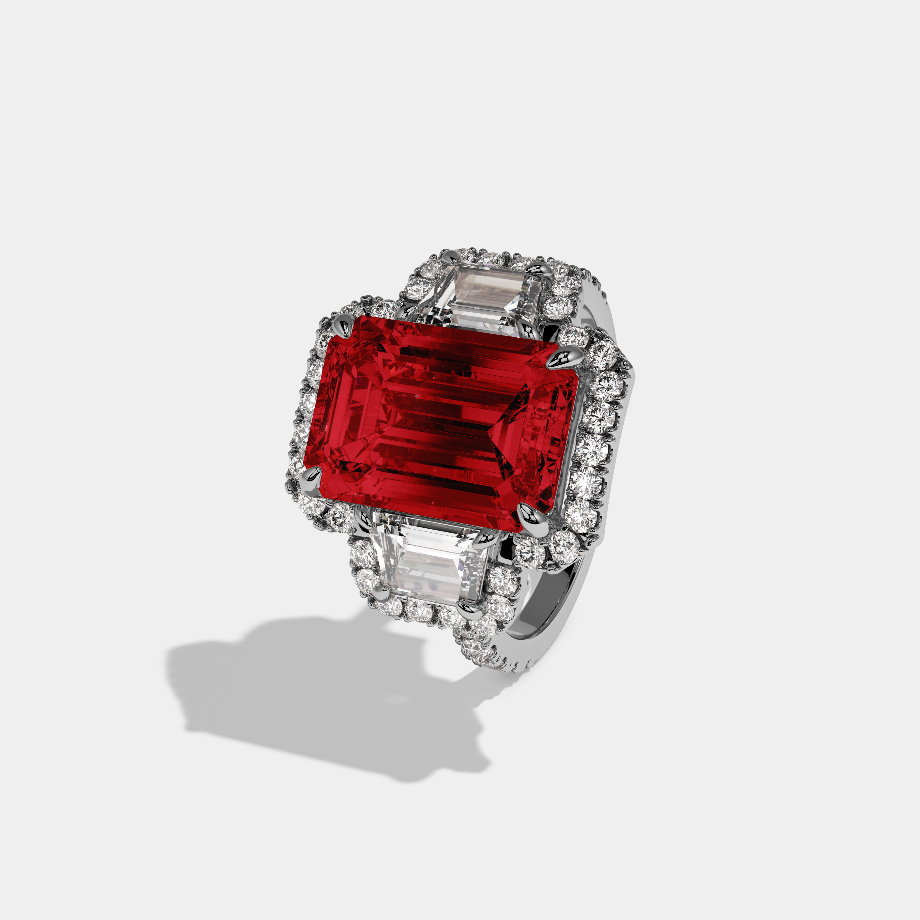 Eleanor Fancy Red Emerald Cut Diamond Band With Halo Engagement Ring 8ct 18K White Gold